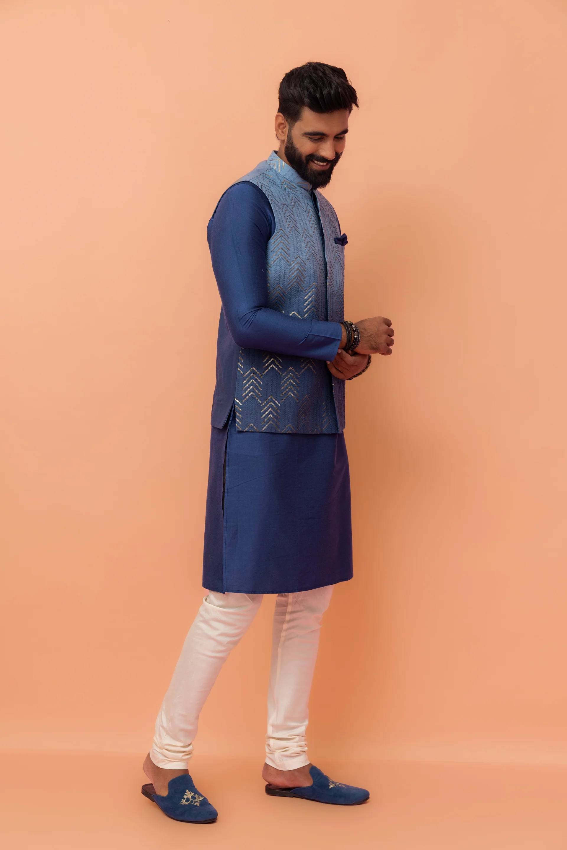Men Blue Embroidered Kurta Jacket Churidar Set with Sequinned - Image 3