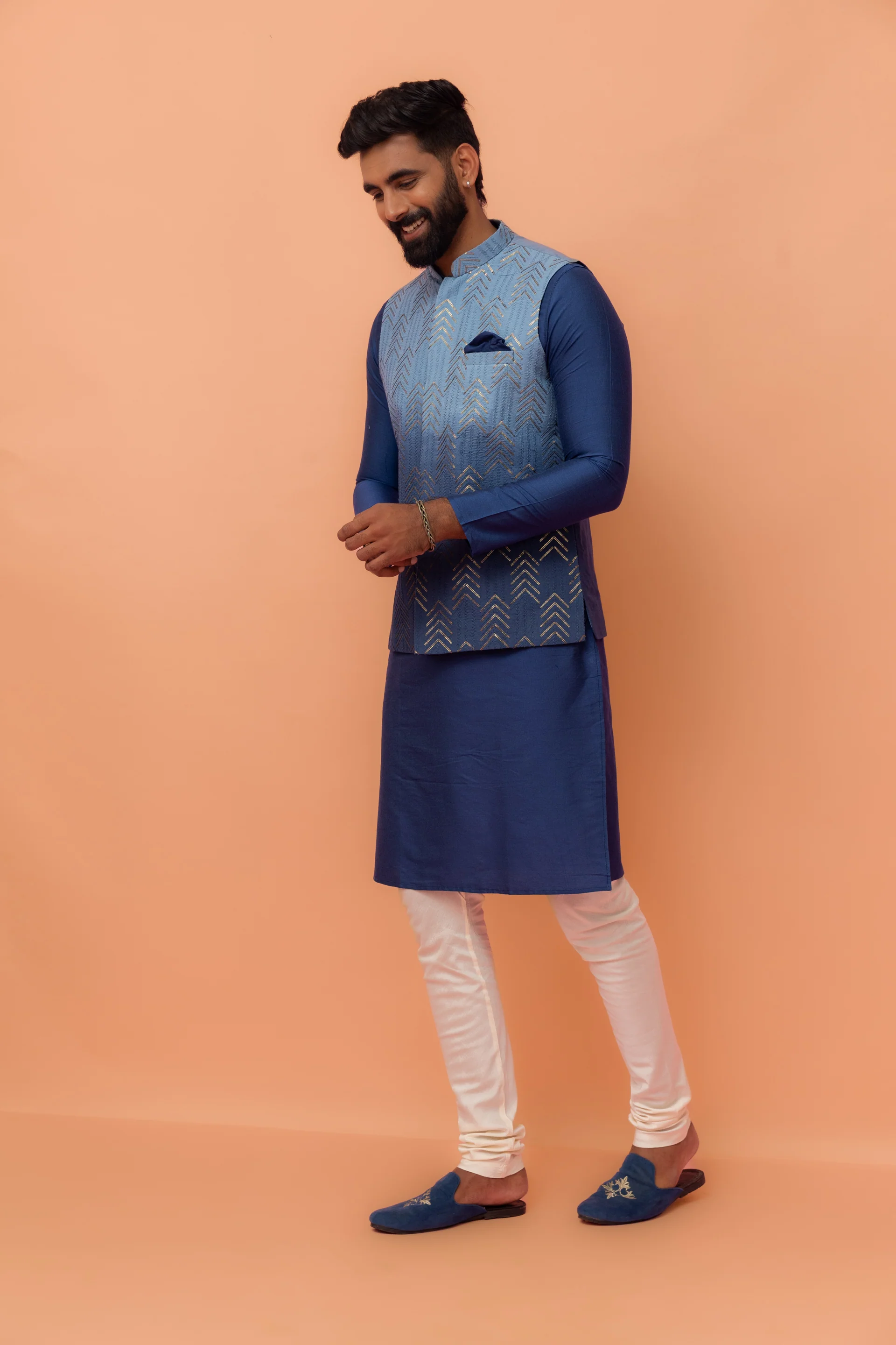 Men Blue Embroidered Kurta Jacket Churidar Set with Sequinned - Image 4