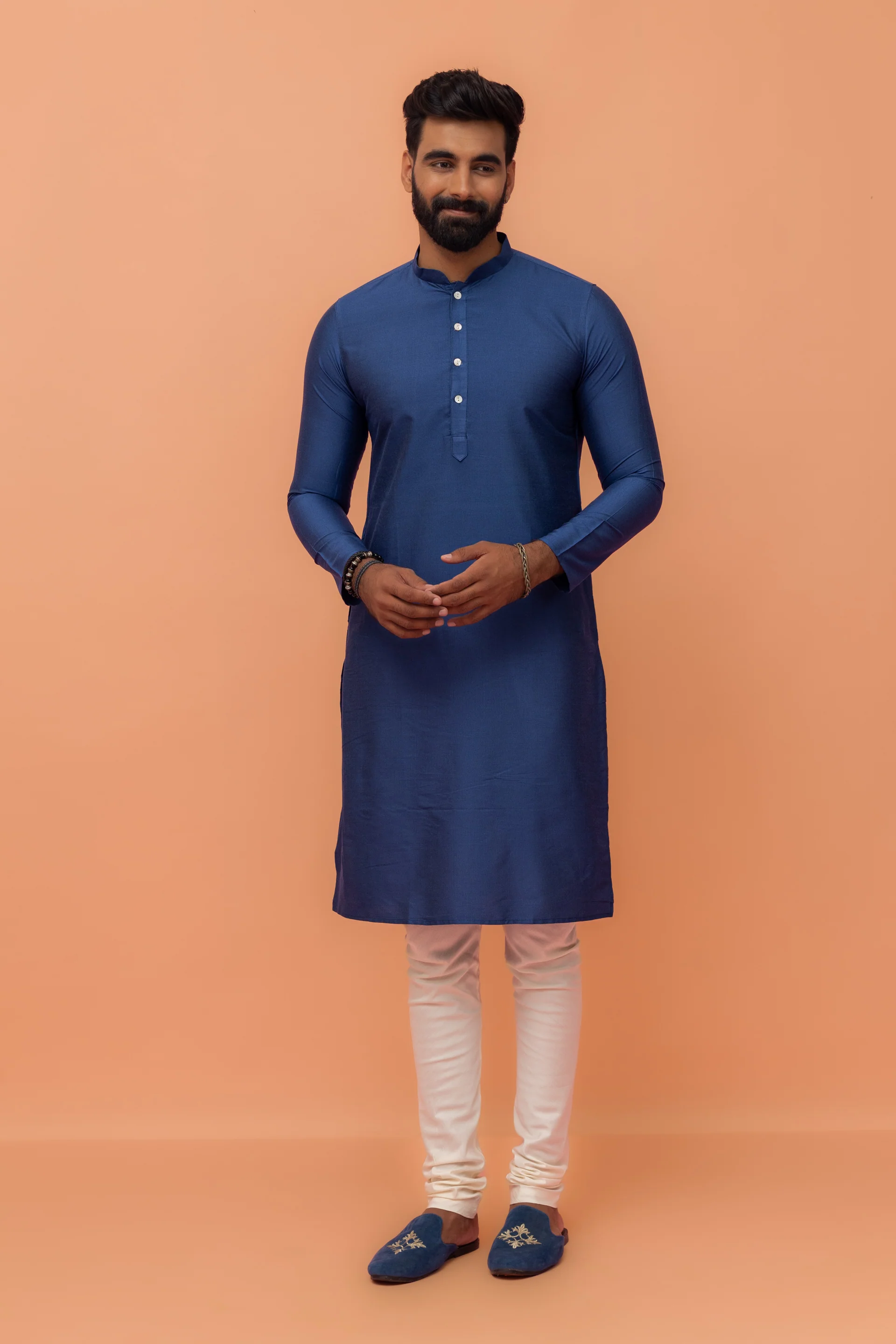 Men Blue Embroidered Kurta Jacket Churidar Set with Sequinned - Image 7