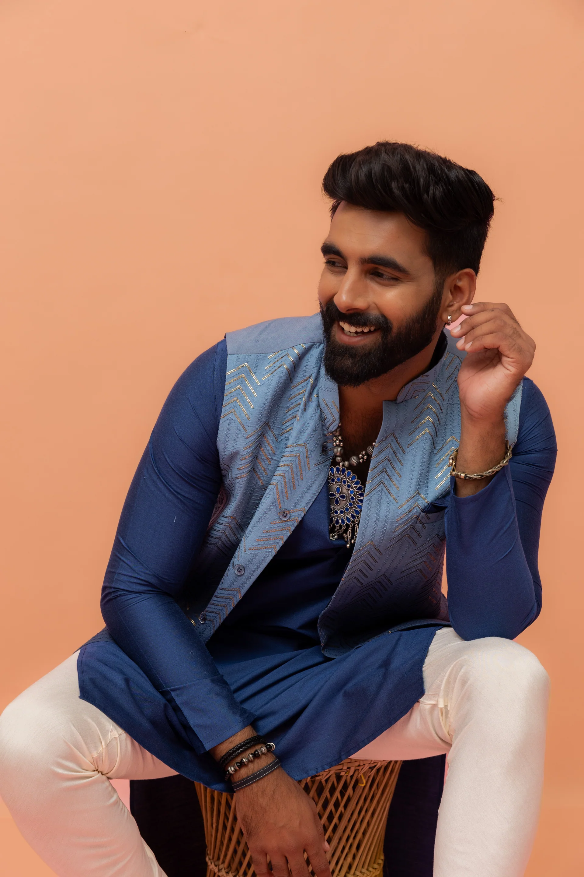 Men Blue Embroidered Kurta Jacket Churidar Set with Sequinned - Image 8