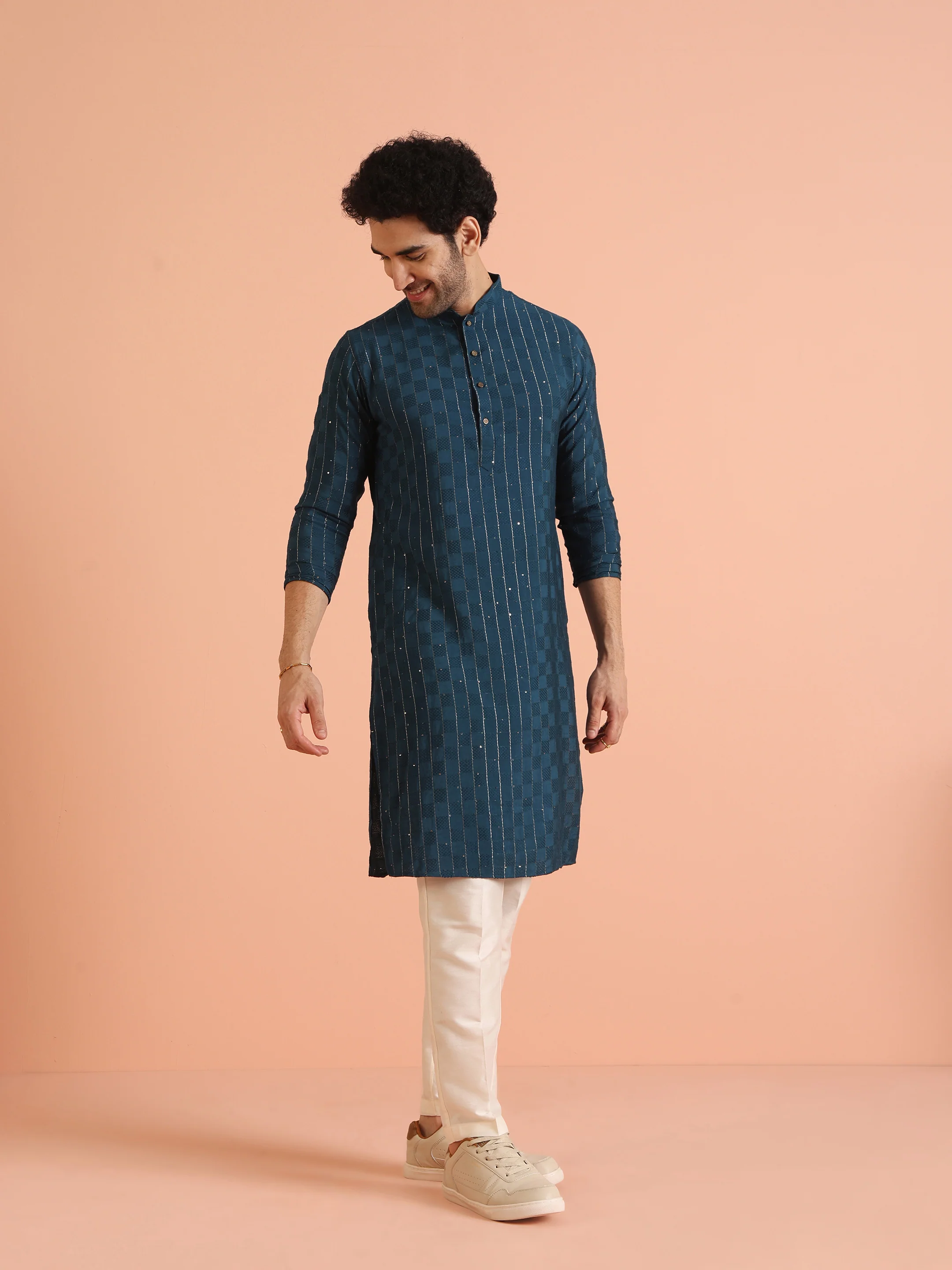 Teal Blue Jacquard Kurta Cream Trouser Set - Image 4
