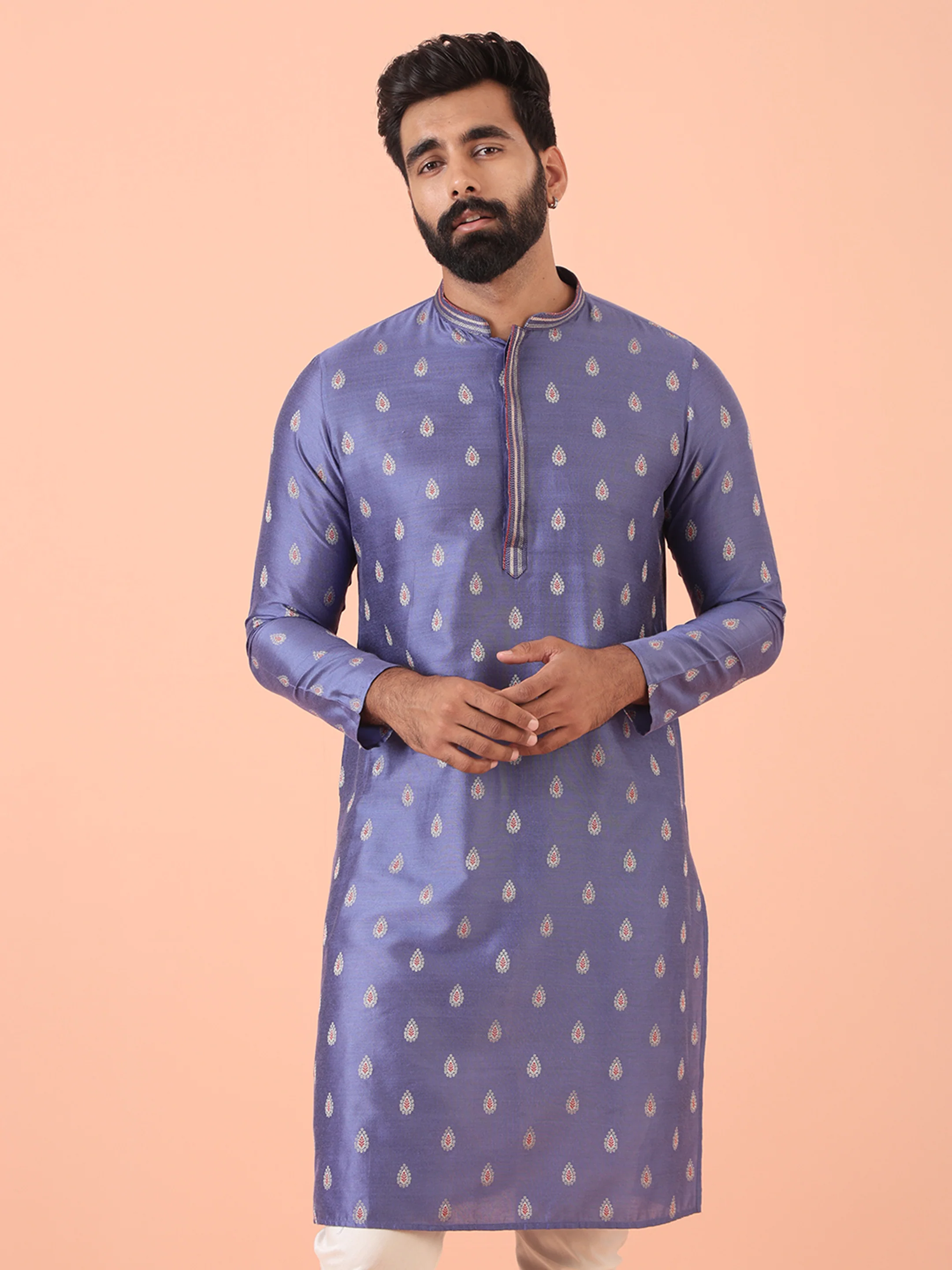 Lavender Kurta with Silver Buta Print and Contrast Placket - Image 3