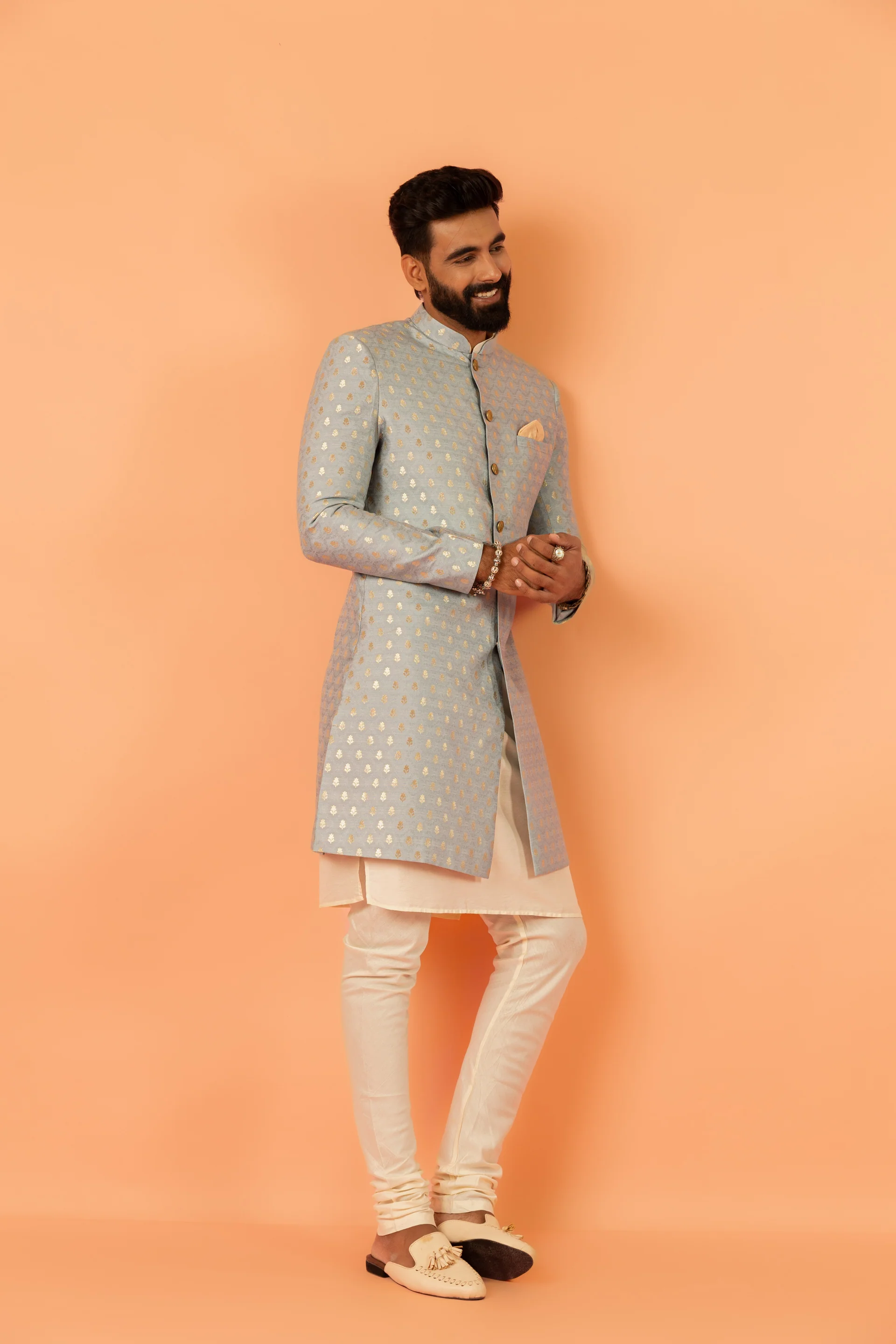 Men Blue Jacquard Kurta Indowestern Trouser Set with Ethnic Motifs - Image 3