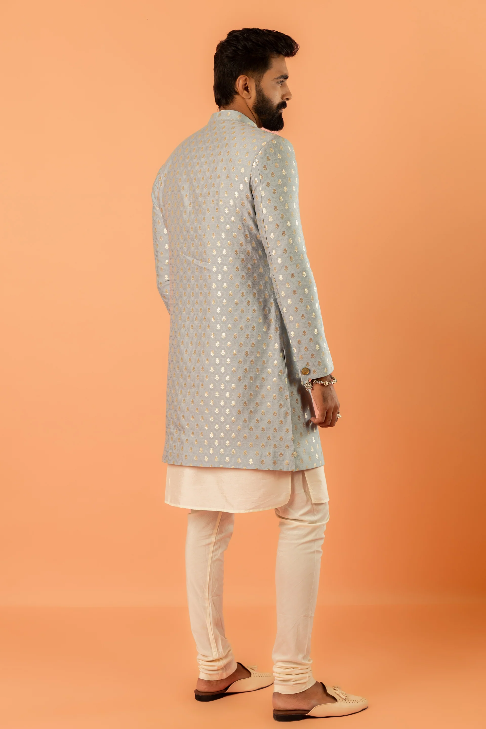Men Blue Jacquard Kurta Indowestern Trouser Set with Ethnic Motifs - Image 4