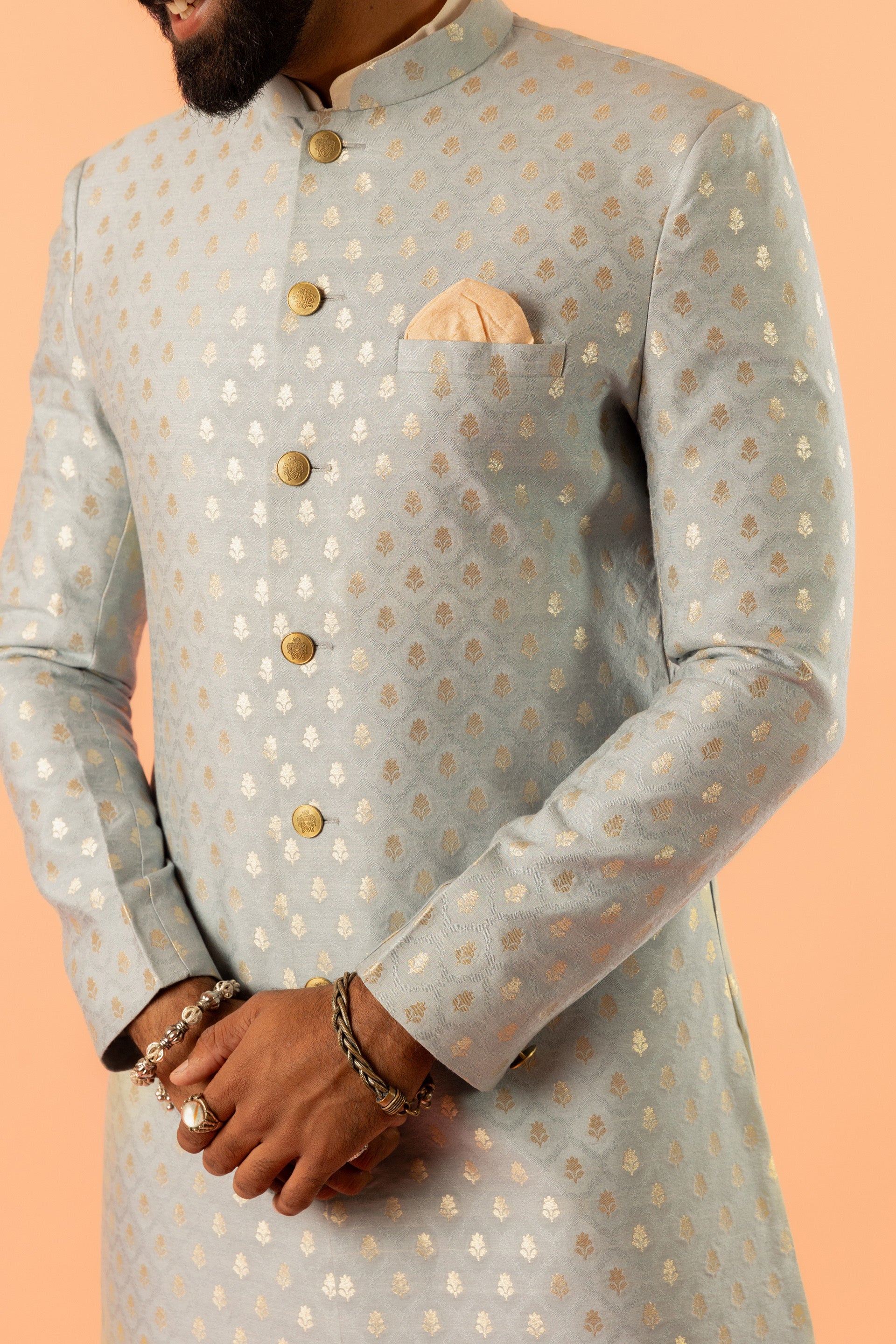 Men Blue Jacquard Kurta Indowestern Trouser Set with Ethnic Motifs - Image 5