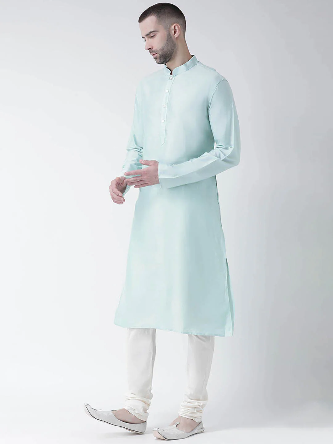 Light Green Silk Blend Solid Kurta Churidar Set - Image 2