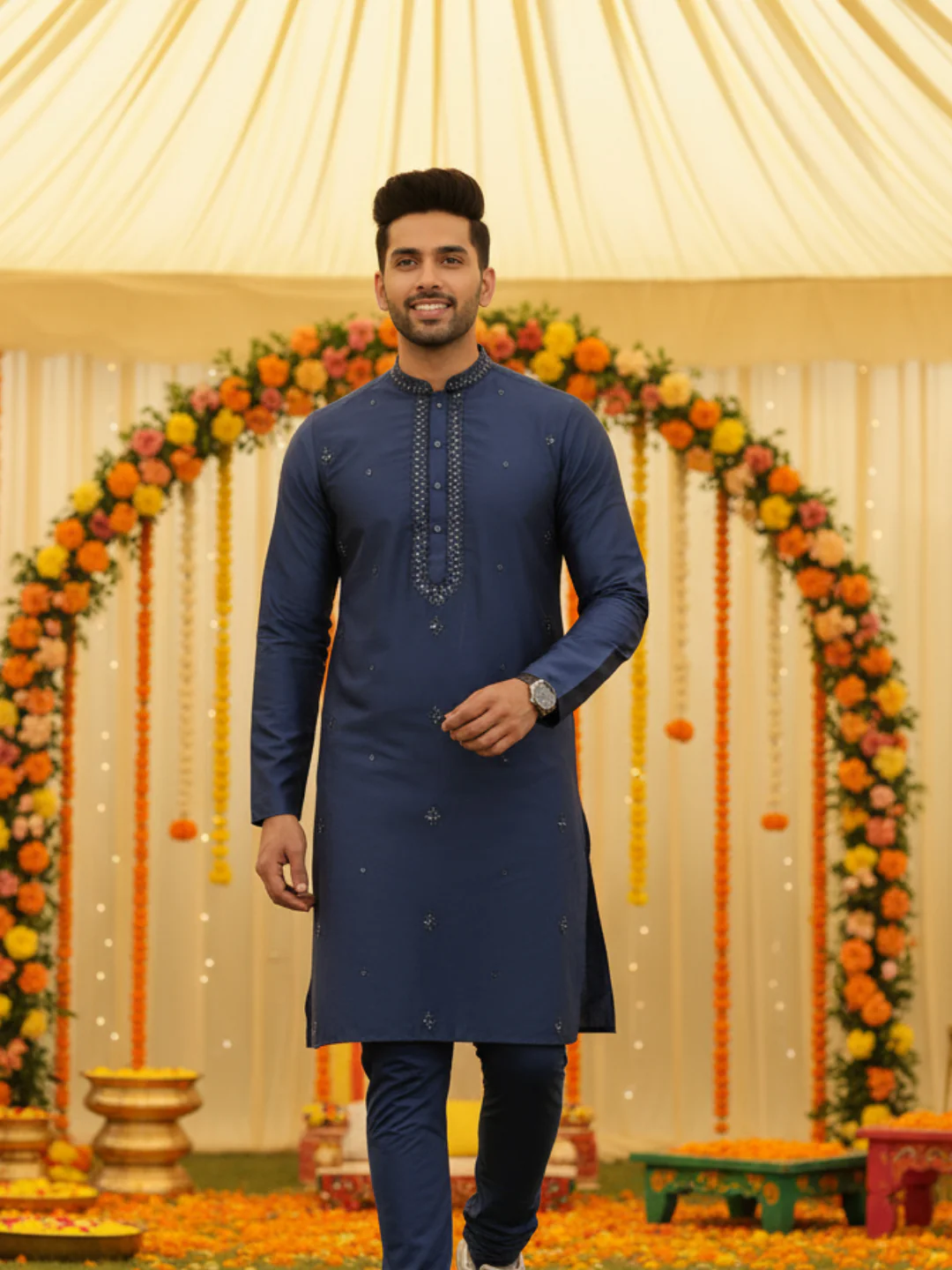 Men Blue Kurta Churidar Set - Image 2