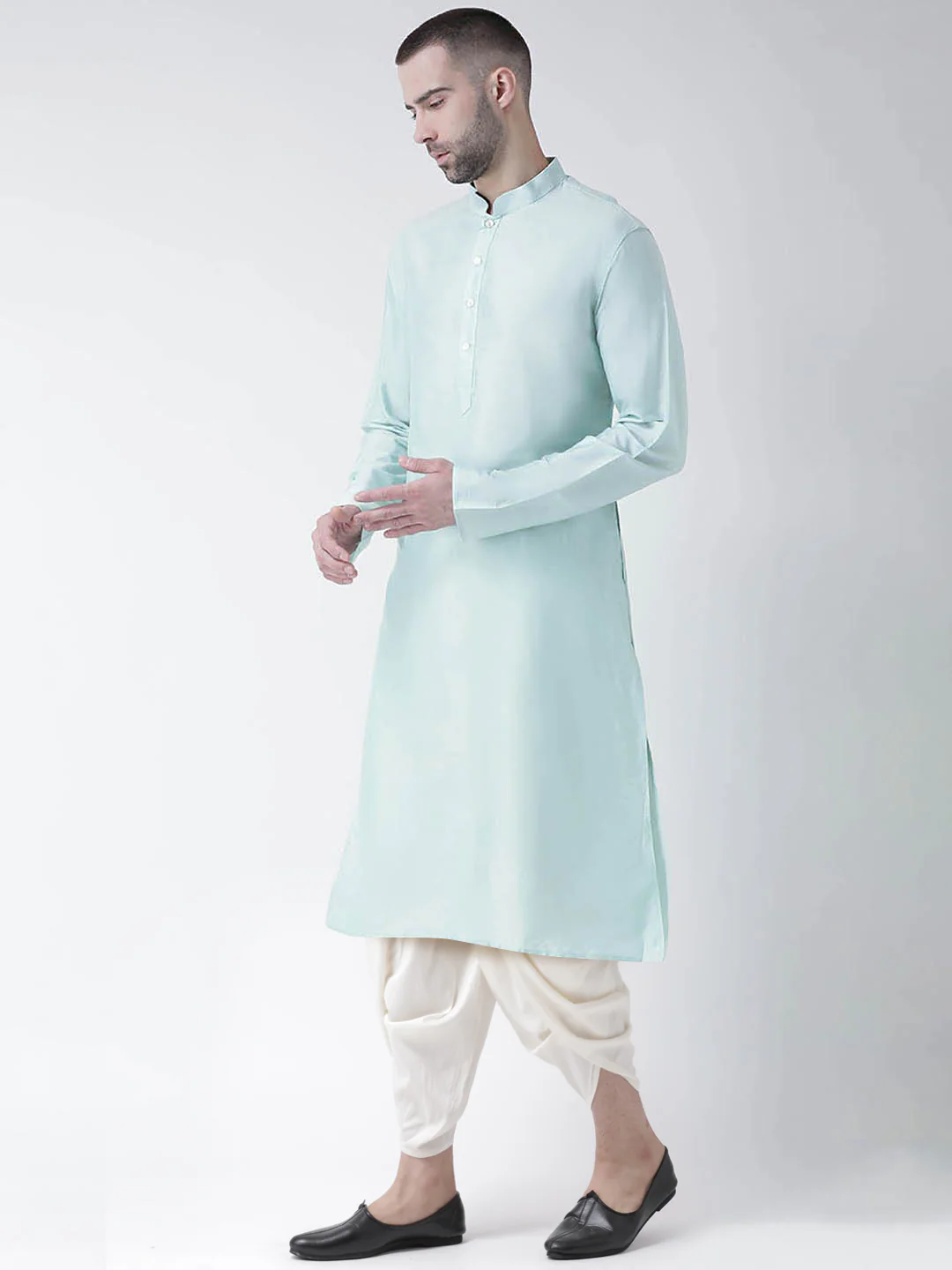 Mint Green Silk Blend Kurta with Cream Dhoti - Image 2