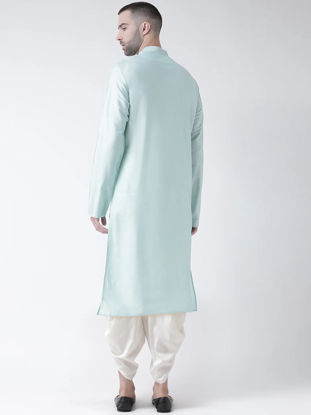 Mint Green Silk Blend Kurta with Cream Dhoti - Image 3