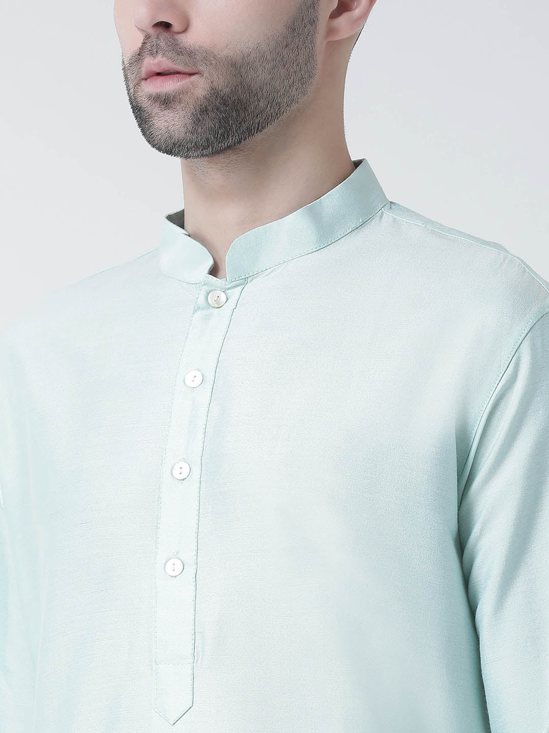 Mint Green Silk Blend Kurta with Cream Dhoti - Image 4