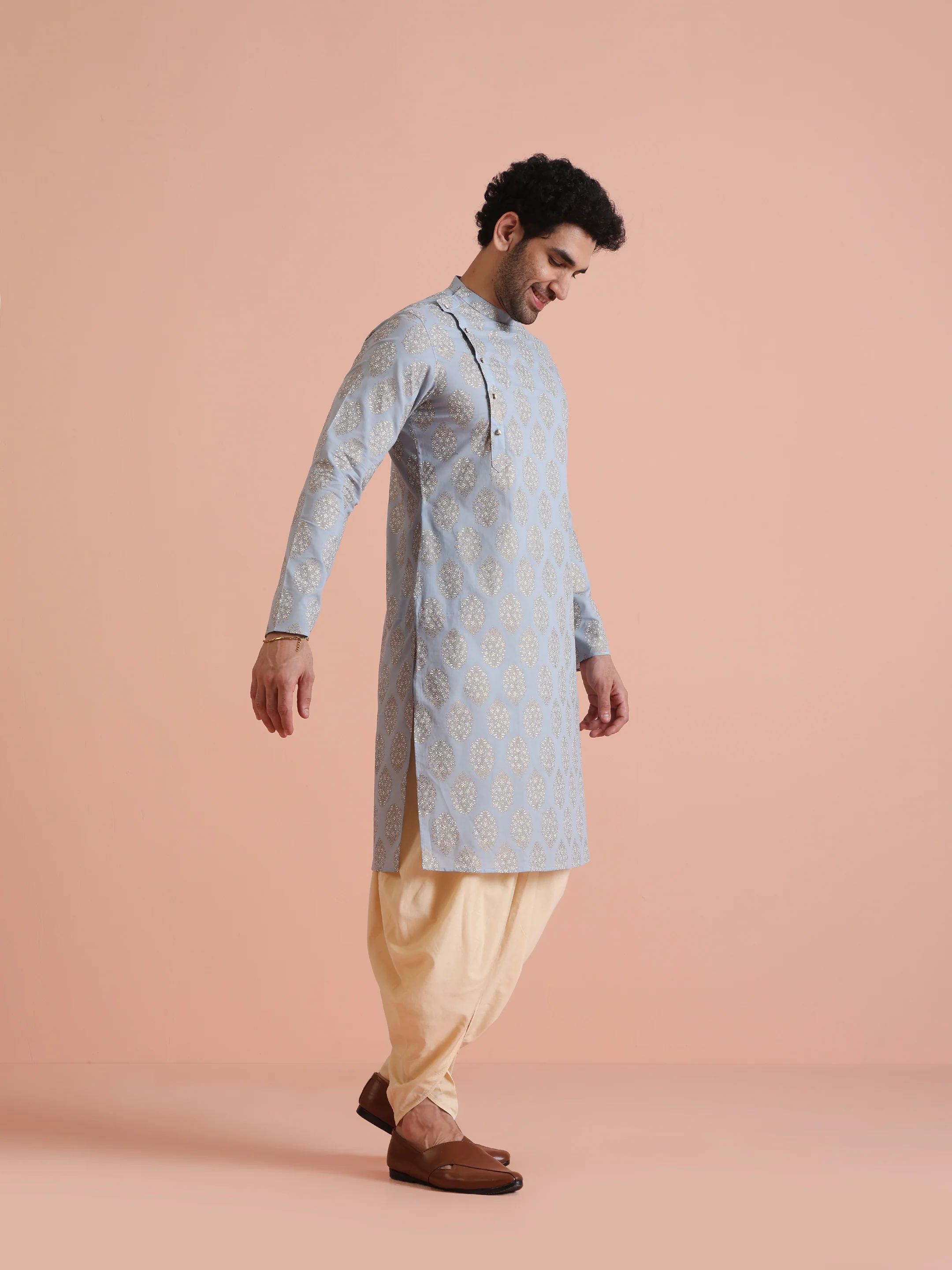 Light Blue Jacquard Kurta Dhoti Set - Image 2