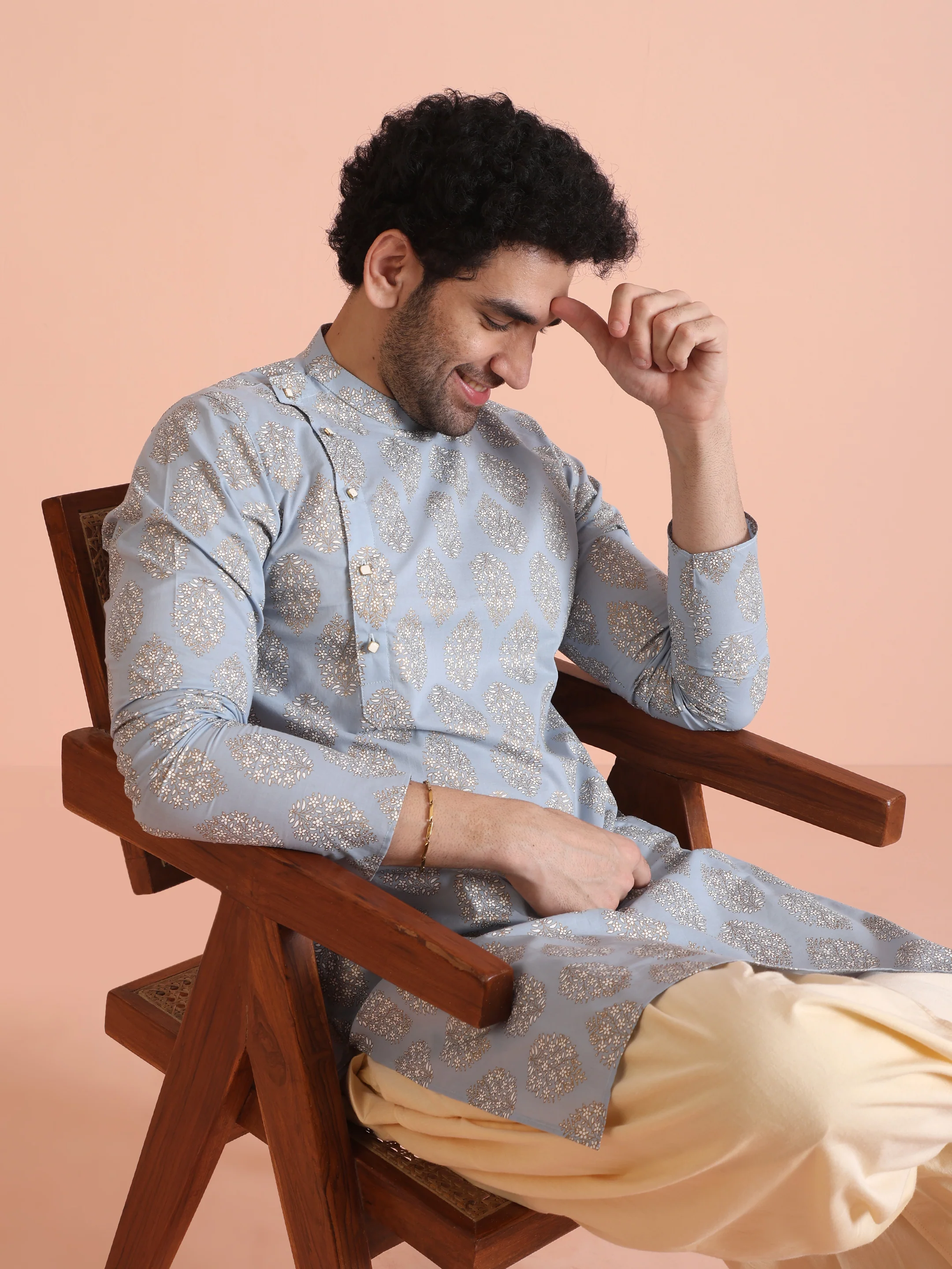 Light Blue Jacquard Kurta Dhoti Set - Image 8