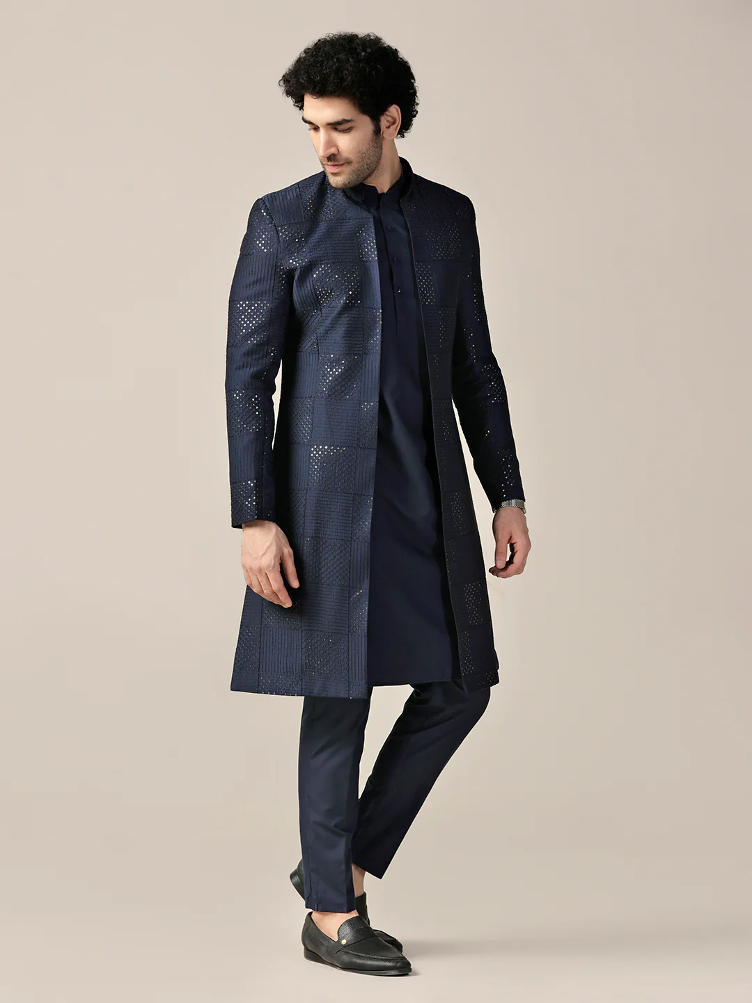 Men Navy Blue Textured Kurta Indowestern Trouser Set - Image 3