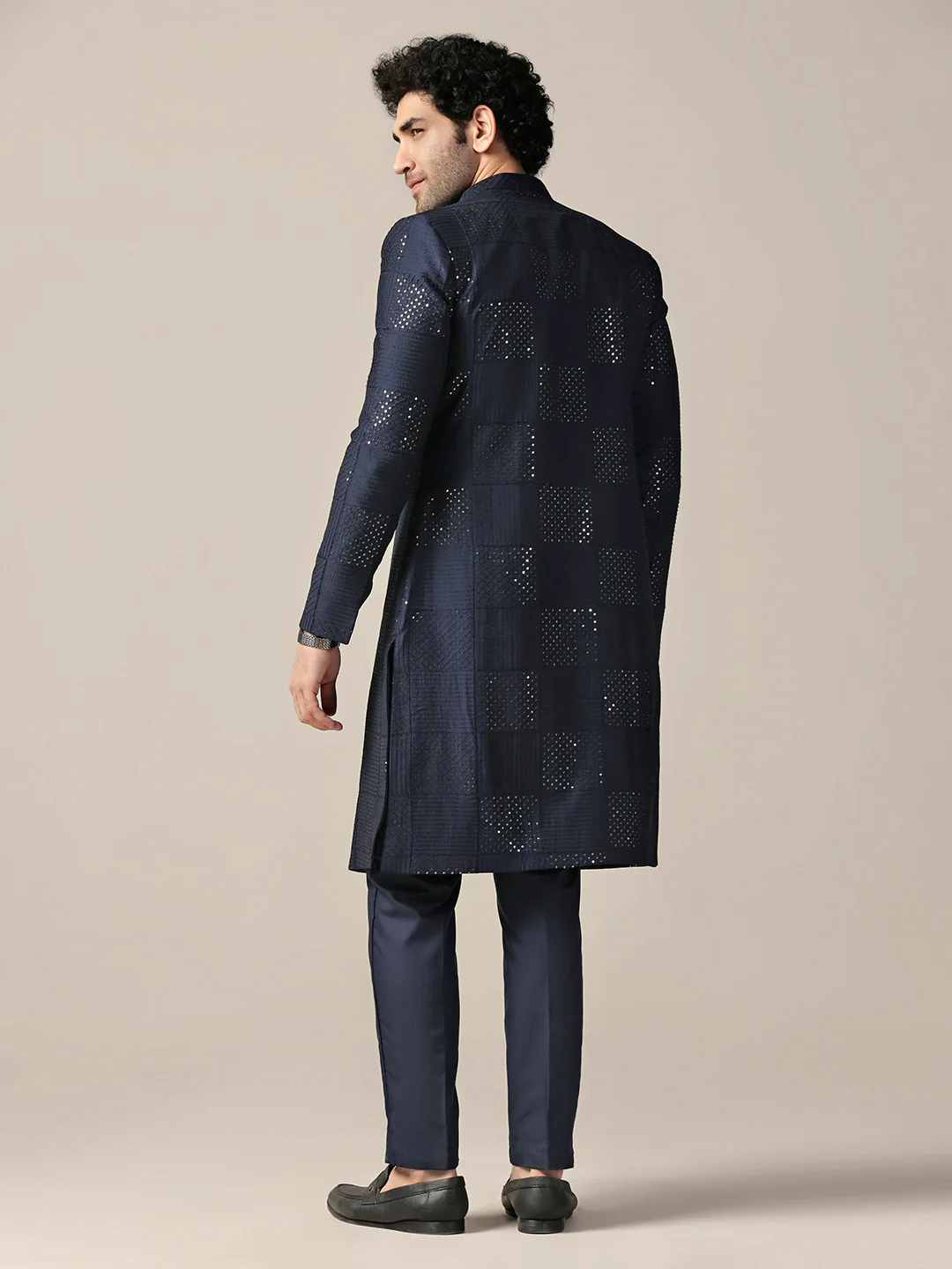 Men Navy Blue Textured Kurta Indowestern Trouser Set - Image 4