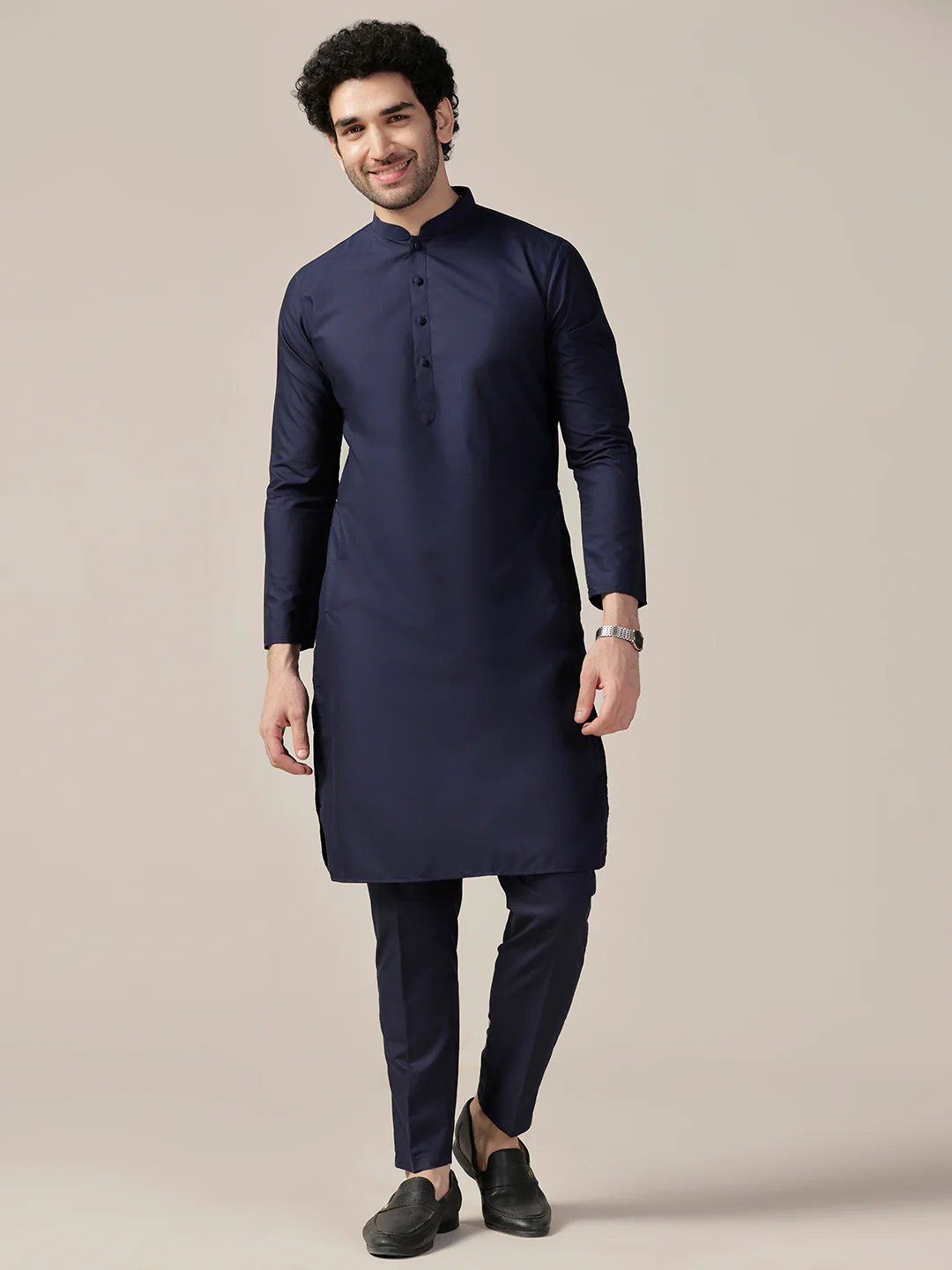 Men Navy Blue Textured Kurta Indowestern Trouser Set - Image 5