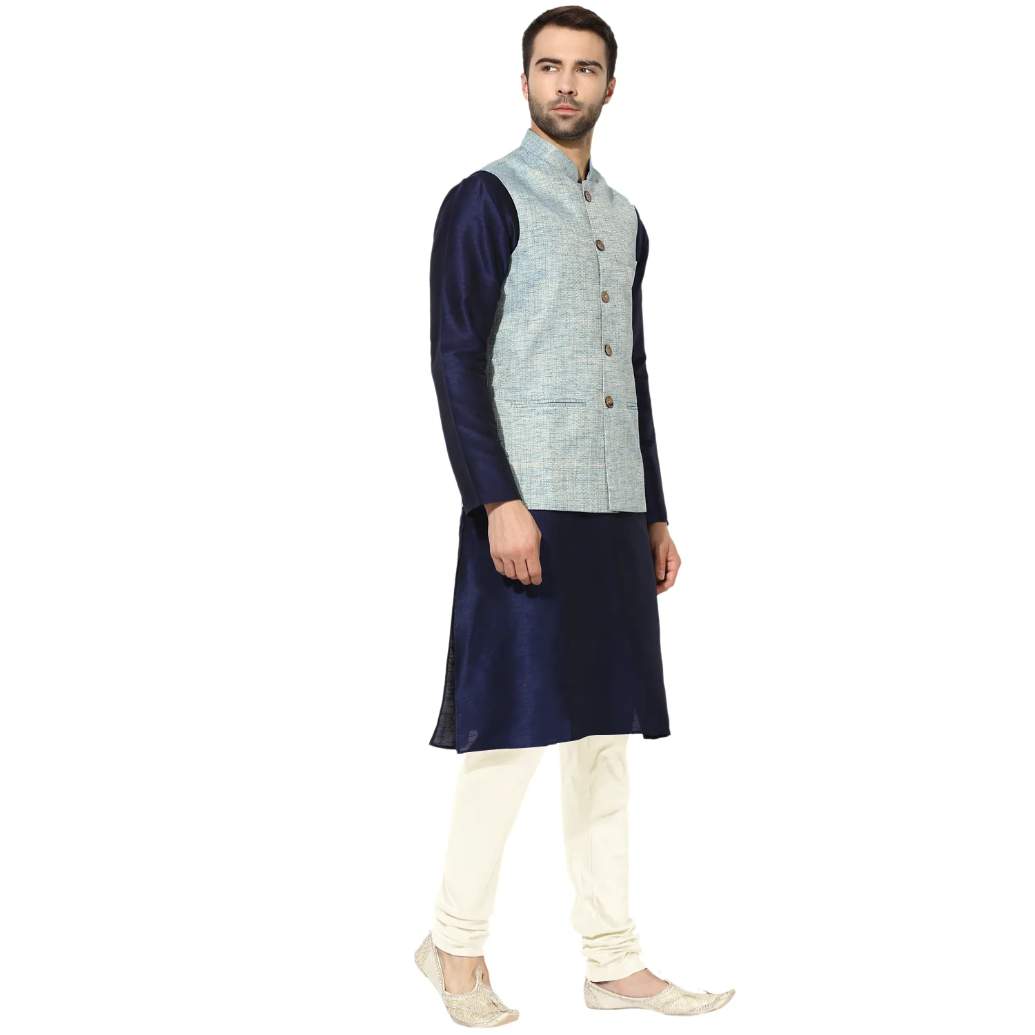 Men Blue Kurta Jacket Churidar Set - Image 2