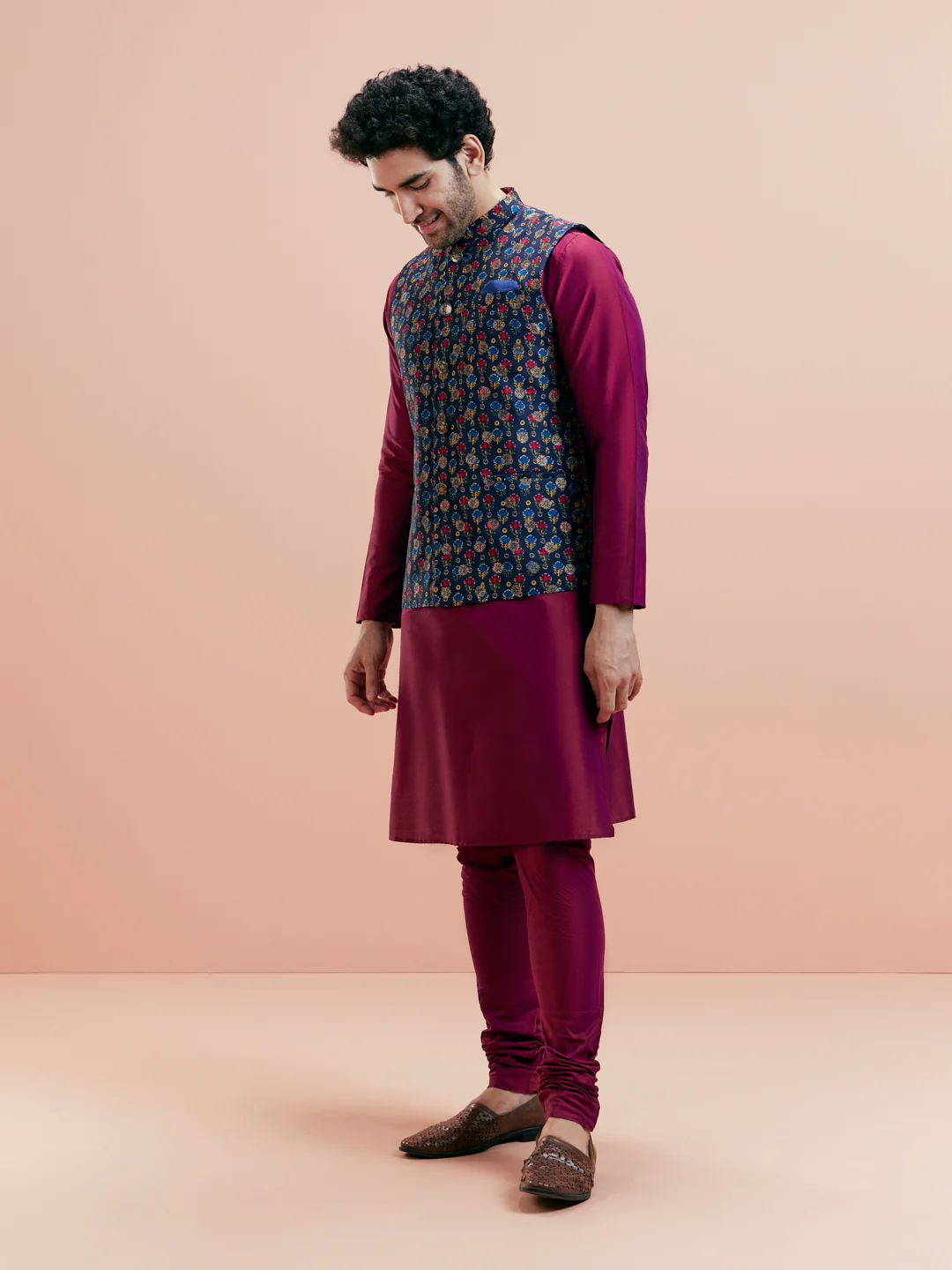Blue Silk Printed Nehru Jacket Kurta Churidar - Image 3