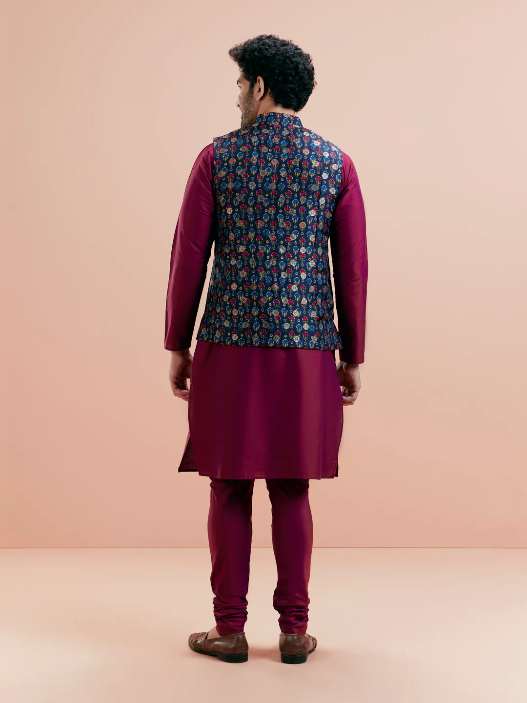 Blue Silk Printed Nehru Jacket Kurta Churidar - Image 5