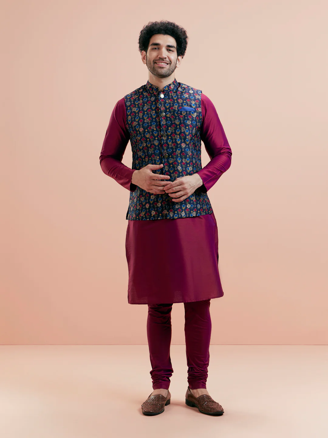 Blue Silk Printed Nehru Jacket Kurta Churidar - Image 9