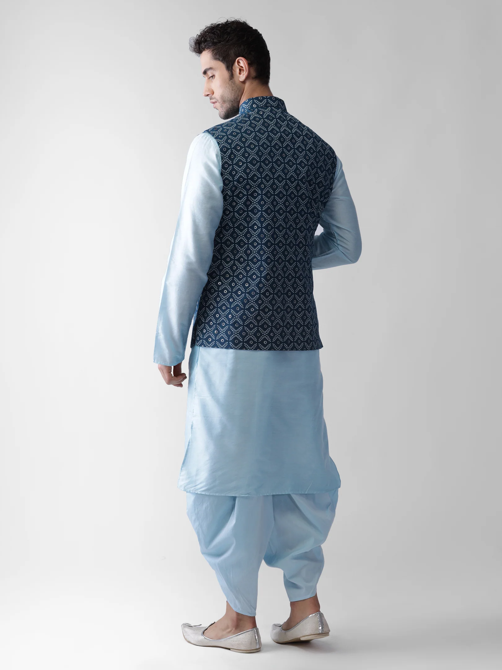 Sky Blue Silk Printed Nehru Jacket Kurta Dhoti - Image 4
