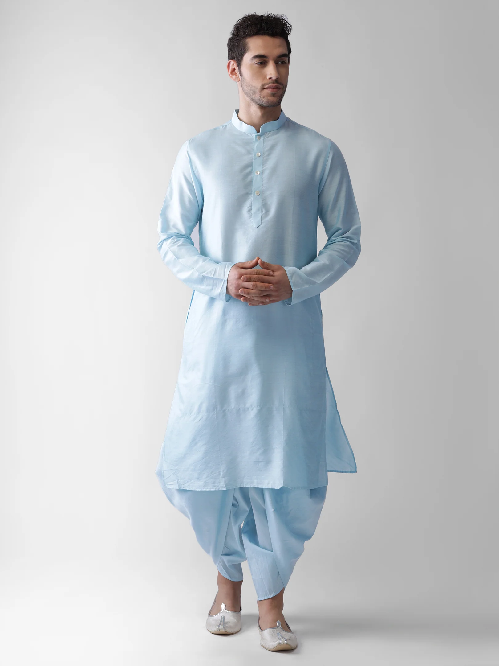 Sky Blue Silk Printed Nehru Jacket Kurta Dhoti - Image 5