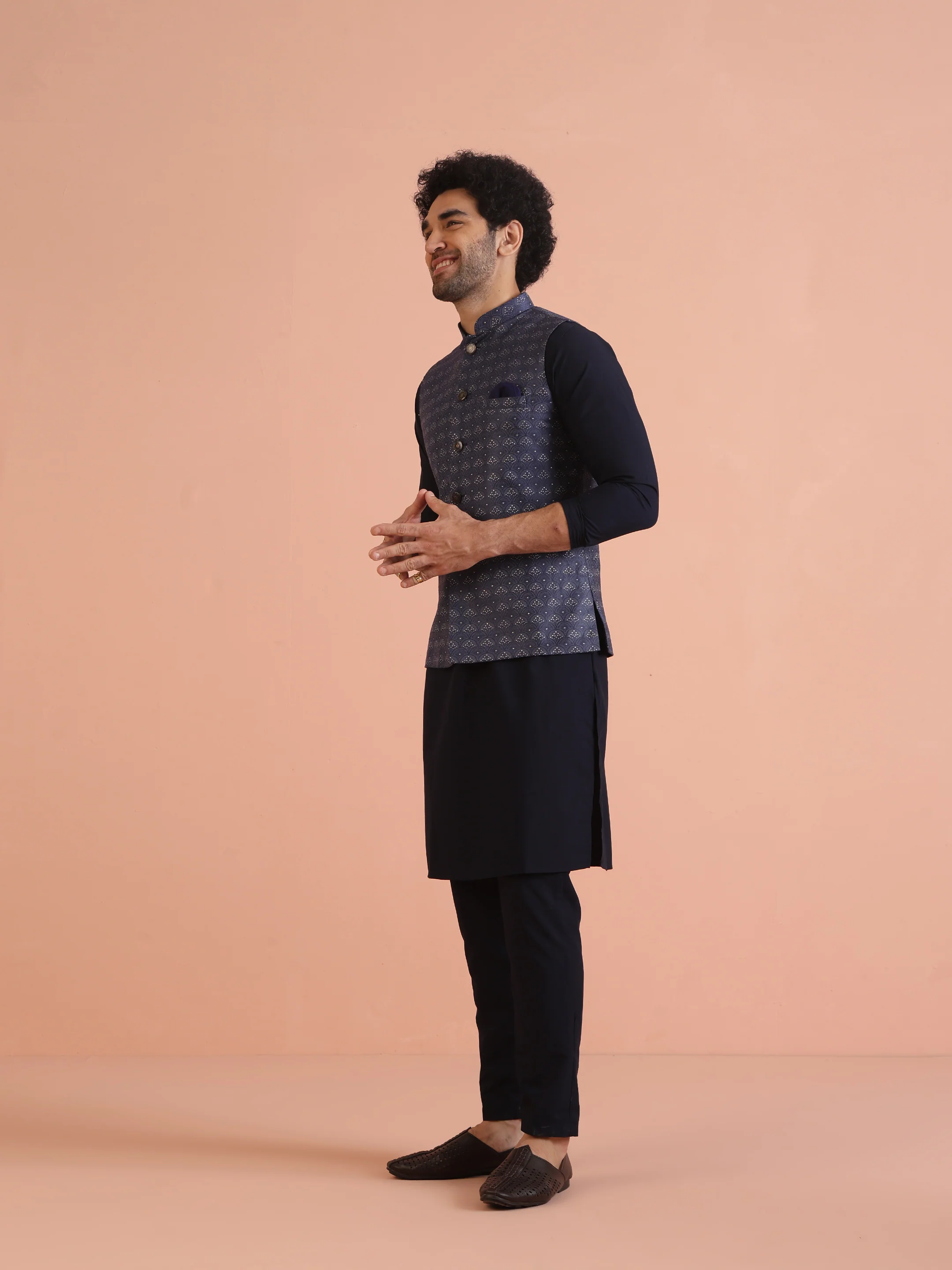 Blue Textured Nehru Jacket Kurta Trouser Set - Image 2