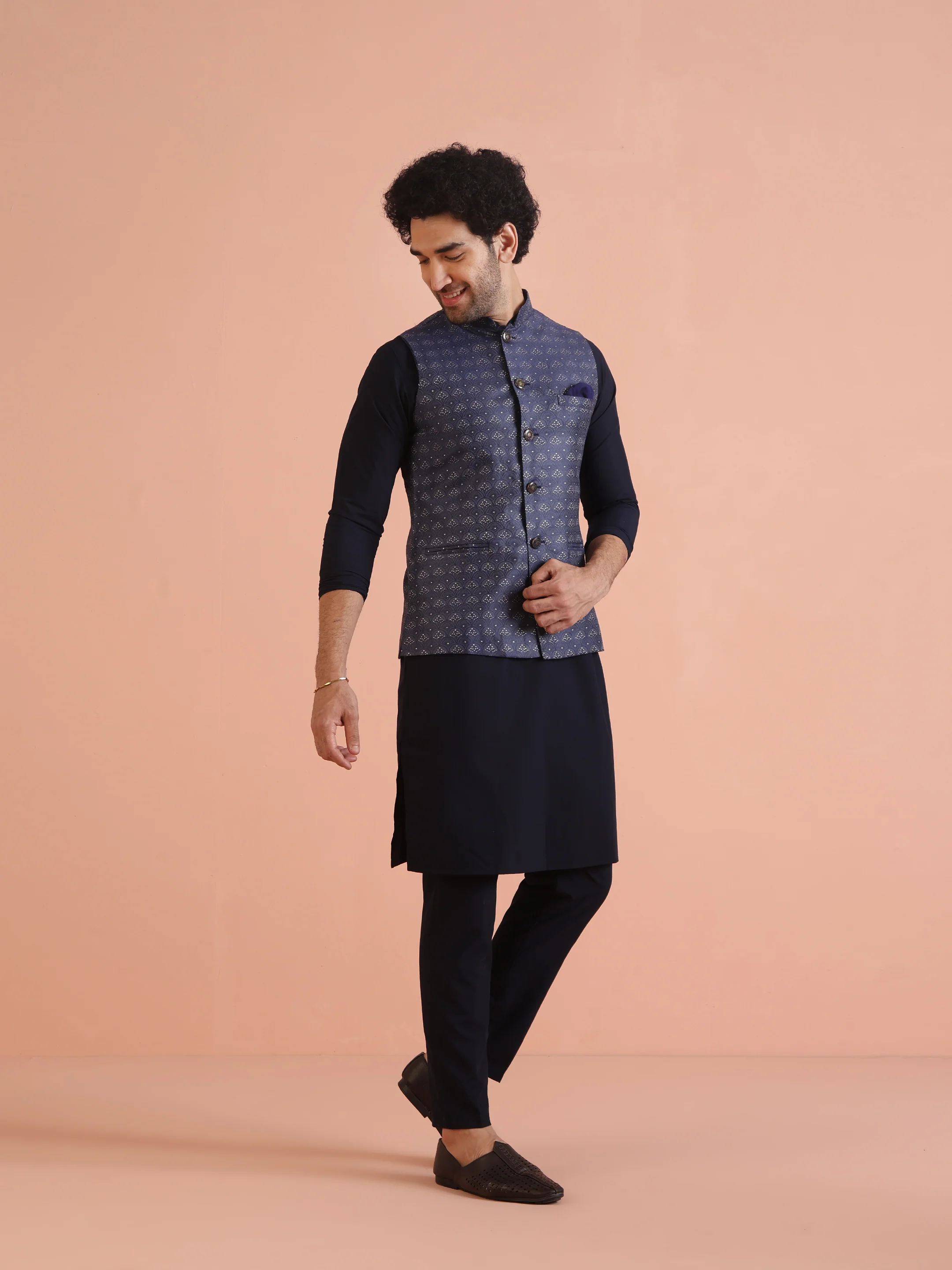 Blue Textured Nehru Jacket Kurta Trouser Set - Image 3