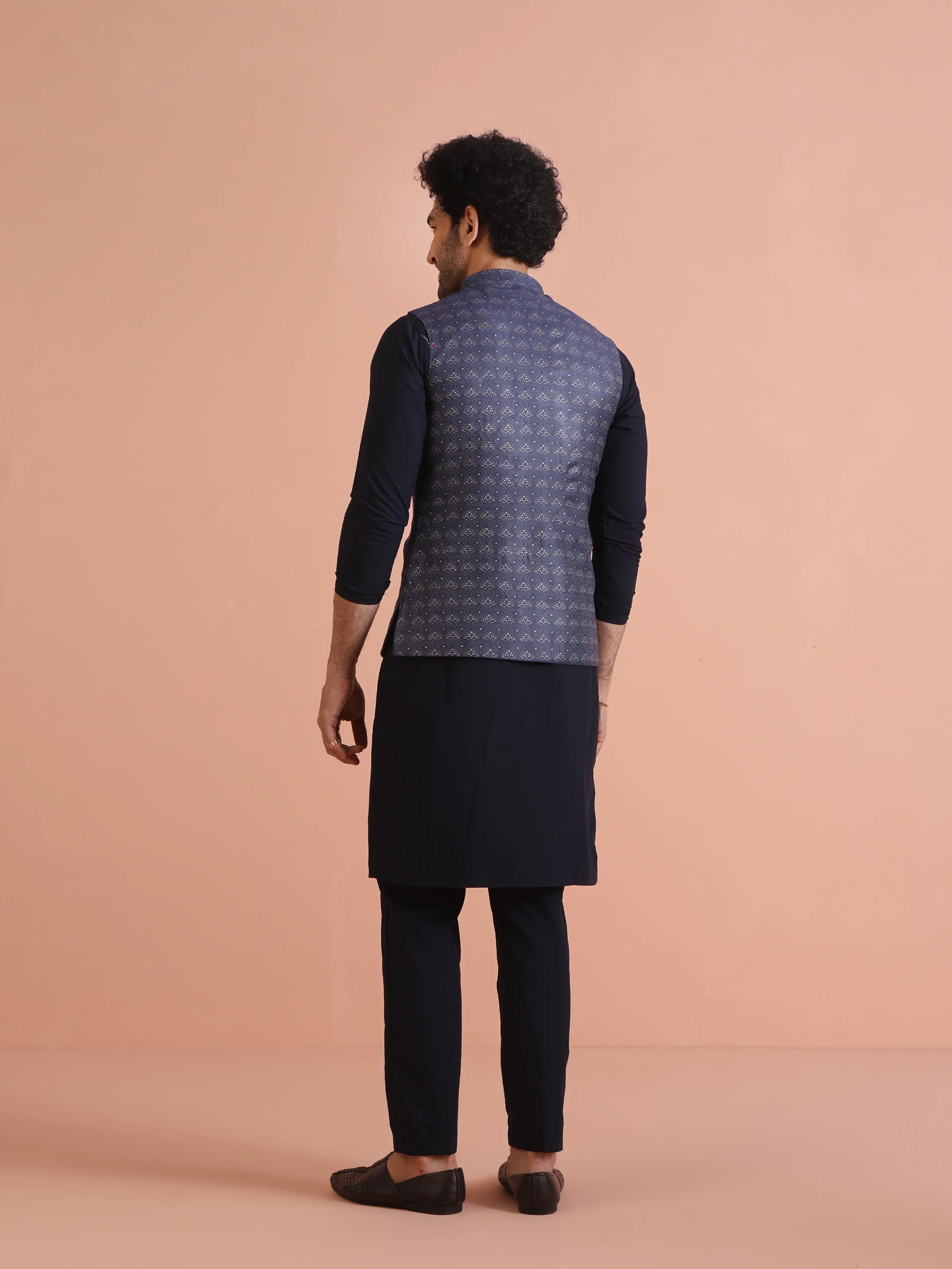 Blue Textured Nehru Jacket Kurta Trouser Set - Image 4