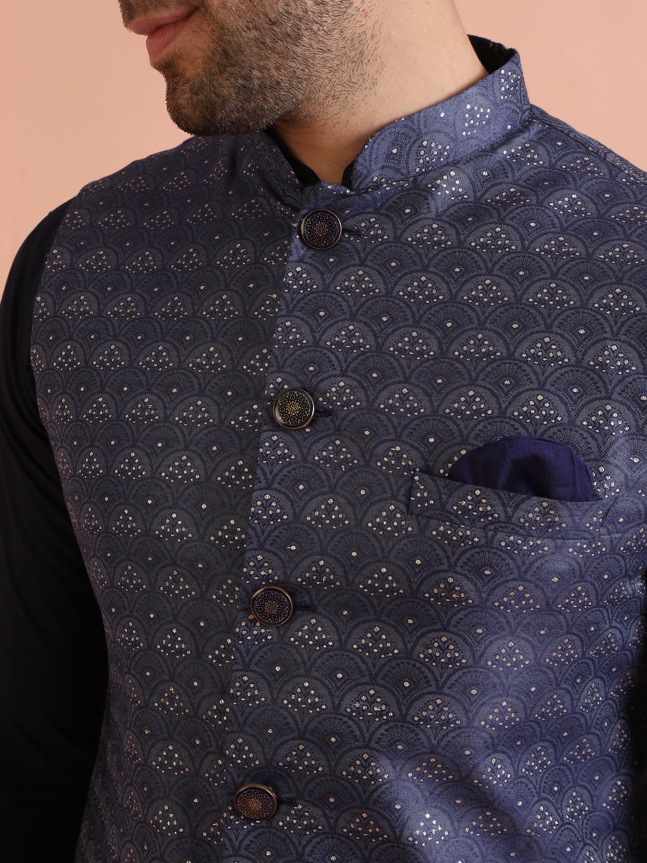 Blue Textured Nehru Jacket Kurta Trouser Set - Image 5