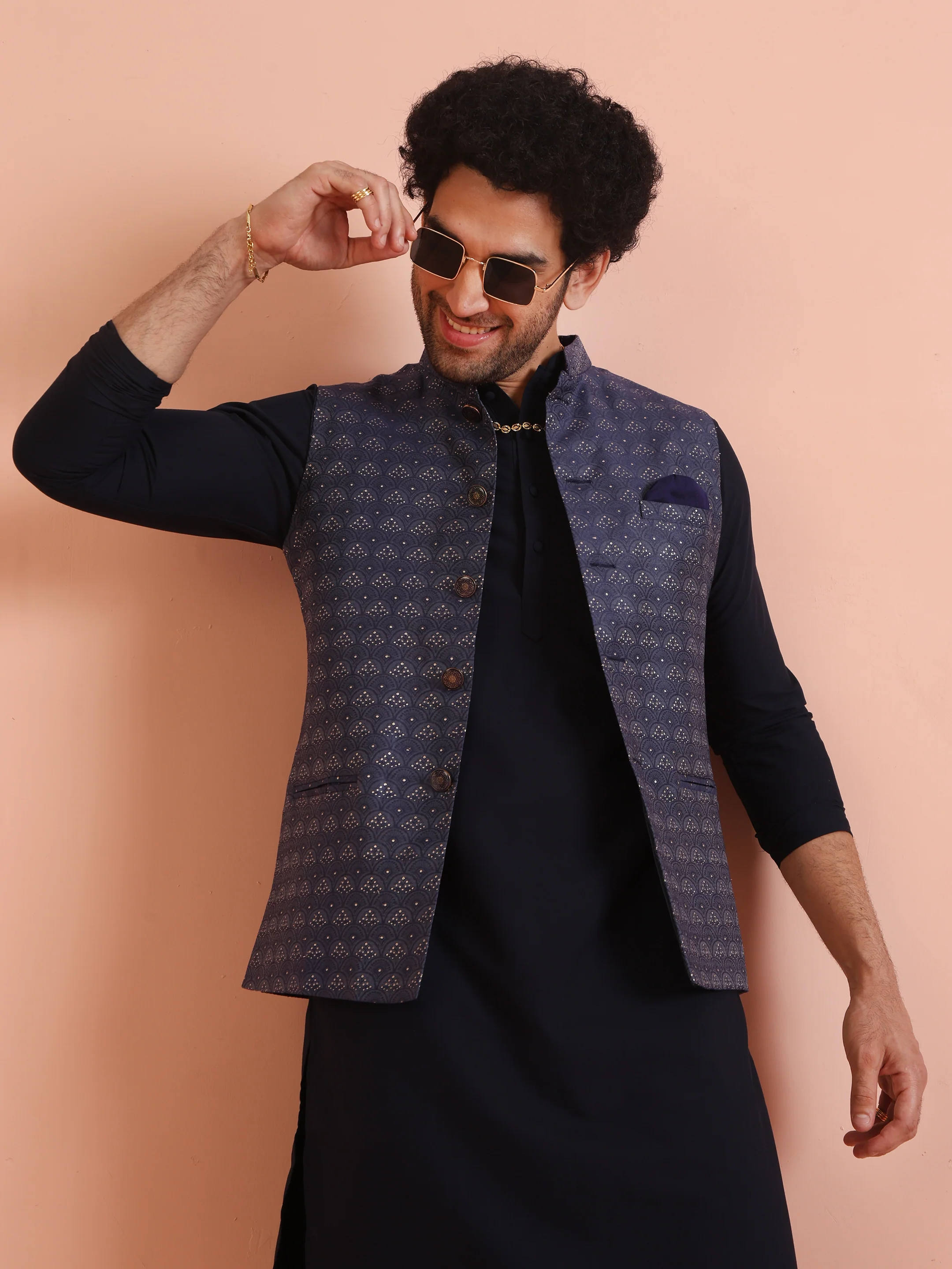 Blue Textured Nehru Jacket Kurta Trouser Set - Image 8