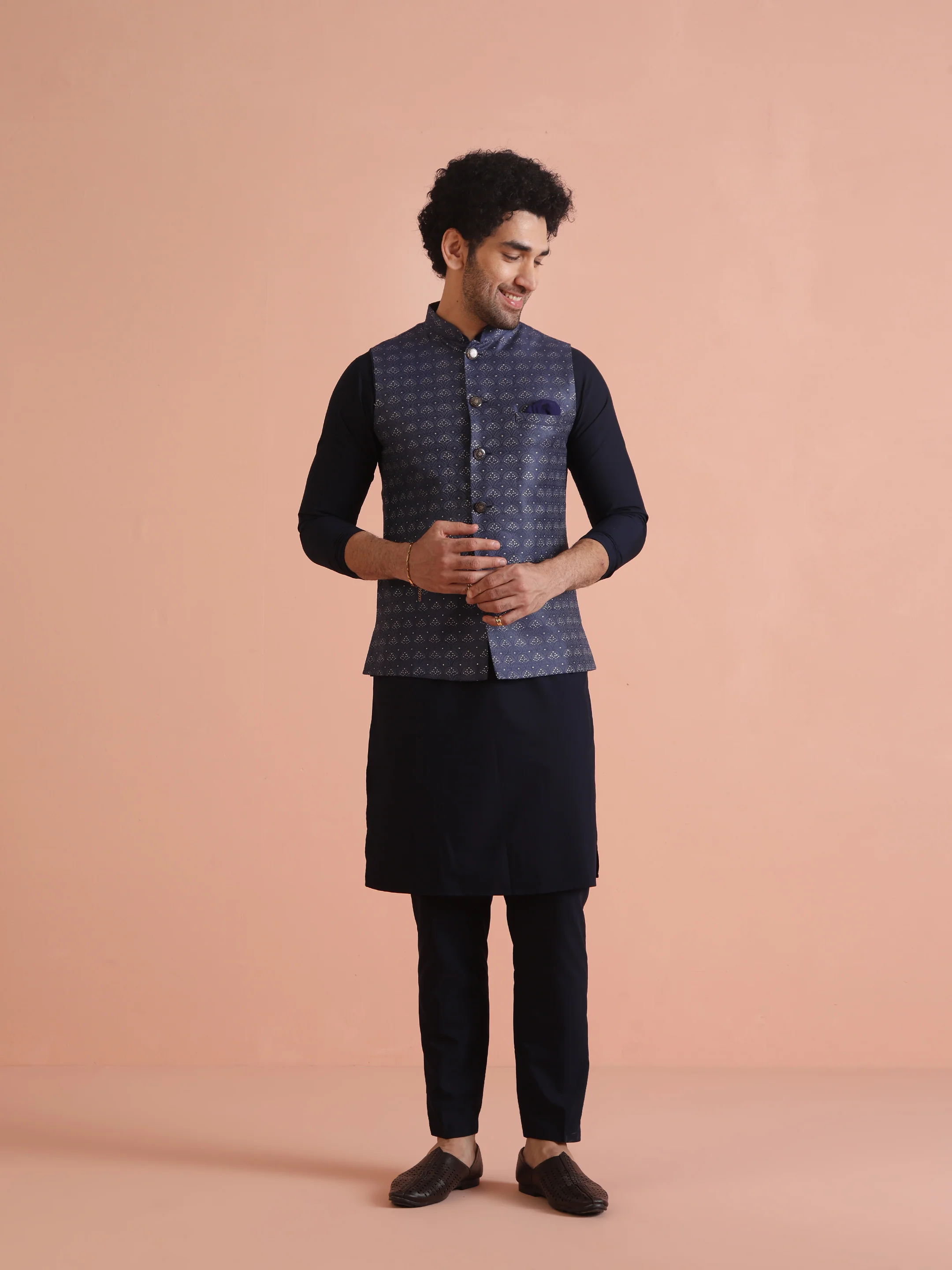 Blue Textured Nehru Jacket Kurta Trouser Set - Image 9