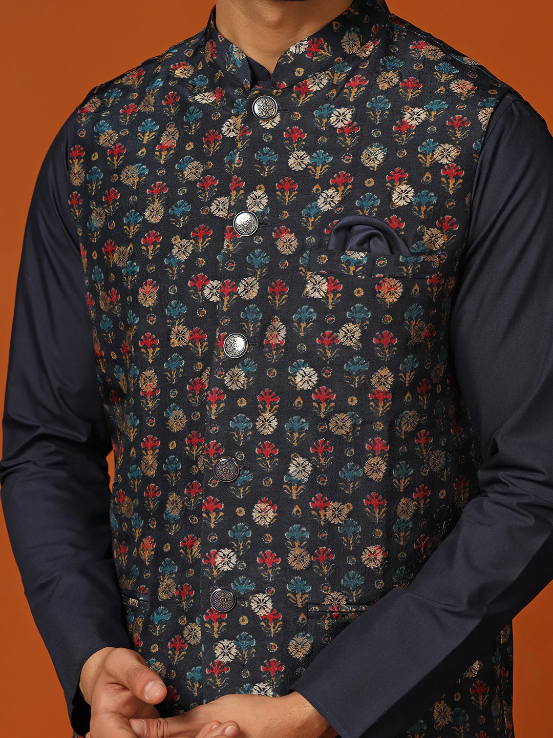 Men Blue Kurta Jacket Trouser Set - Image 5