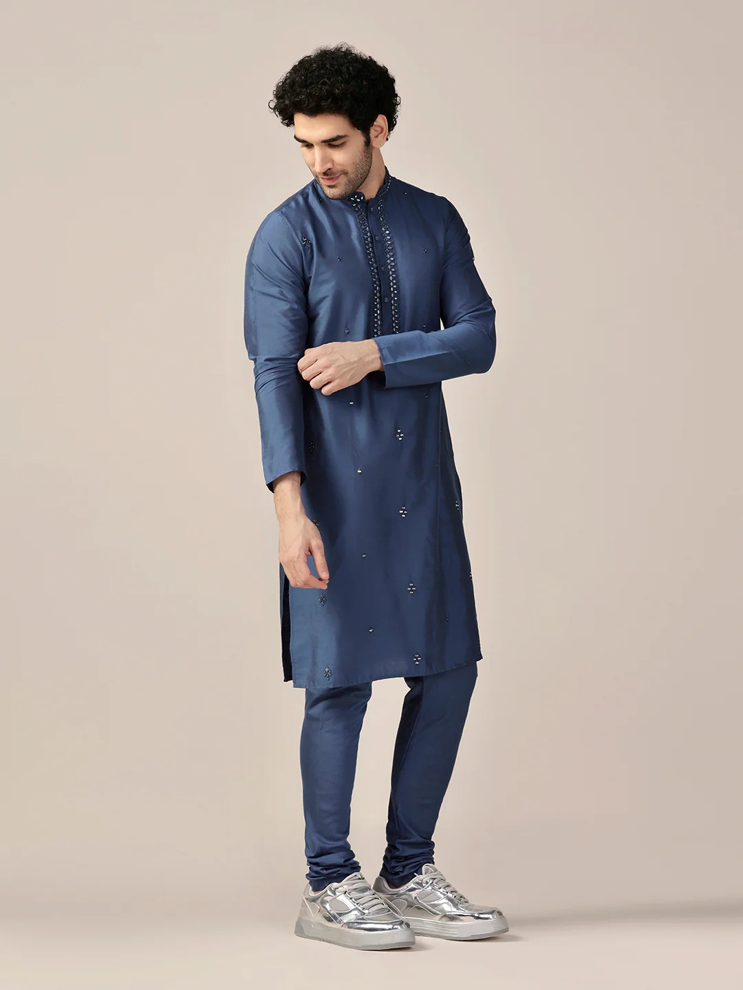 Blue Mirror Work Silk Blend Kurta - Image 2