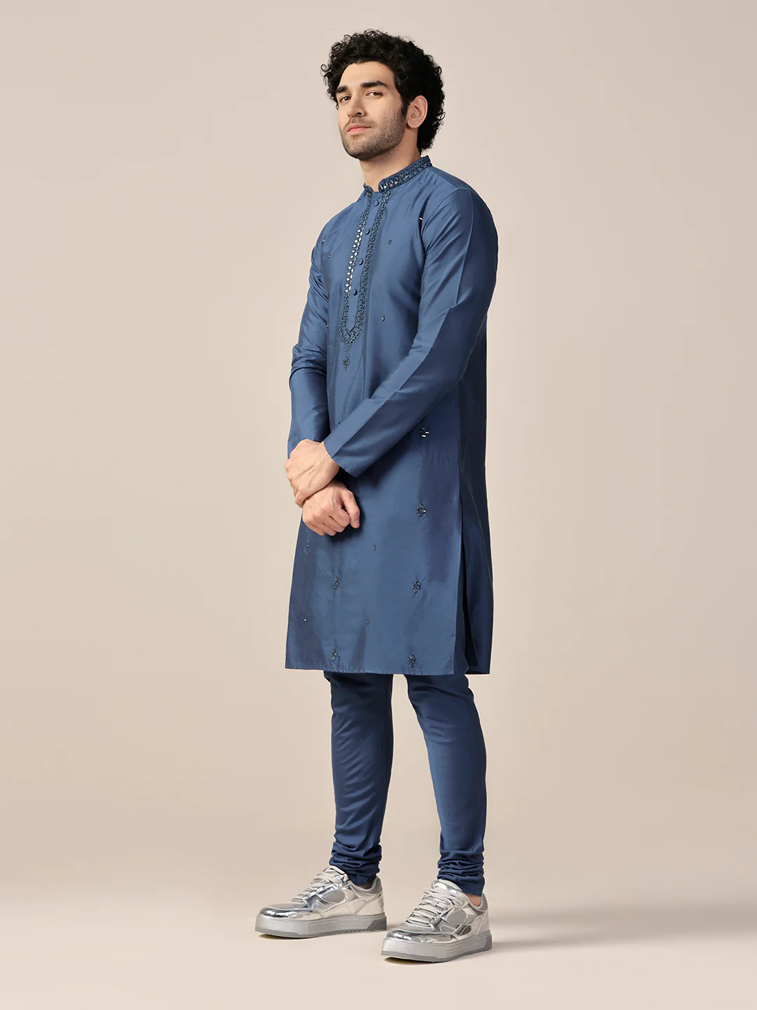 Blue Mirror Work Silk Blend Kurta - Image 3