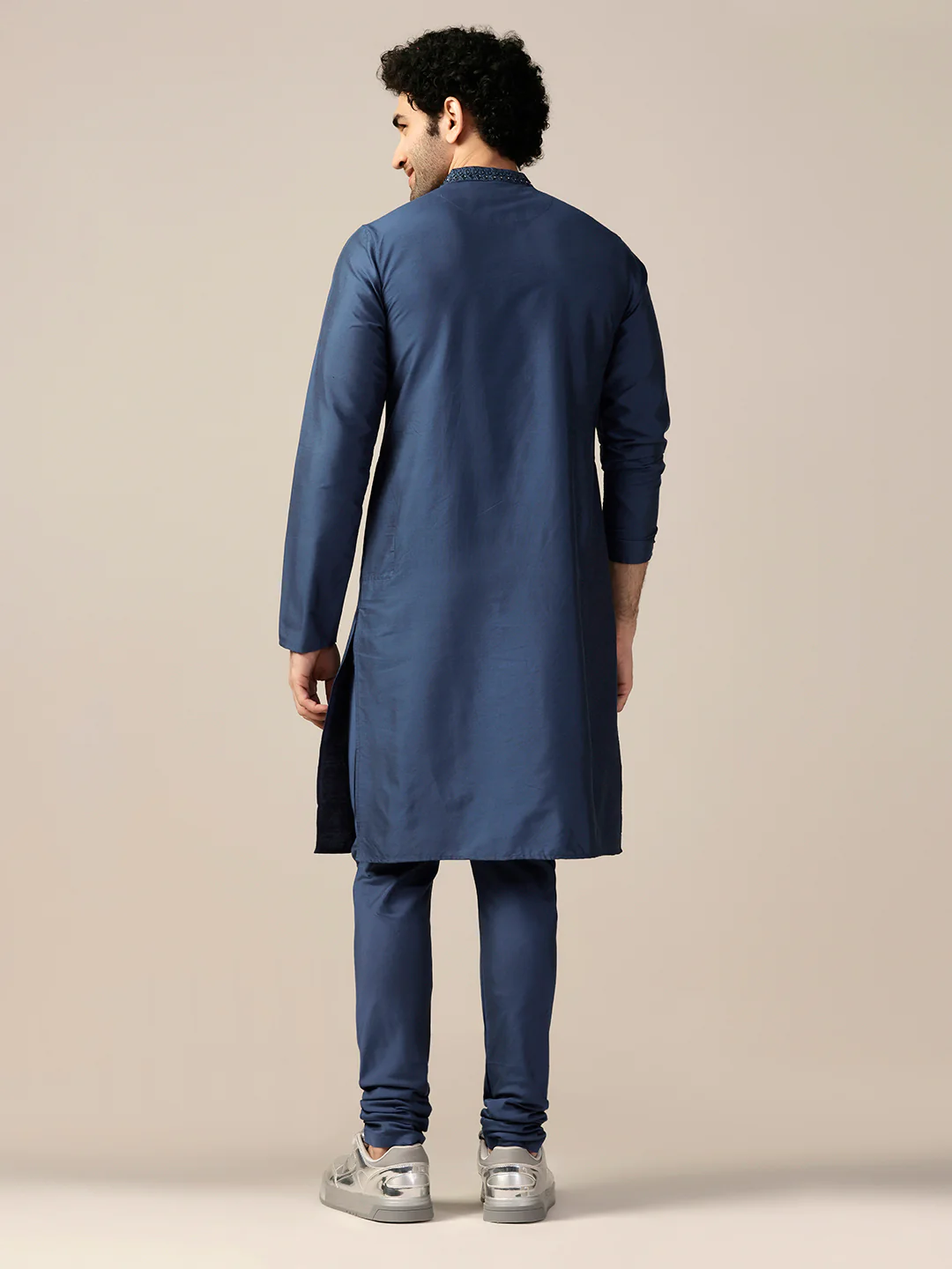 Blue Mirror Work Silk Blend Kurta - Image 4