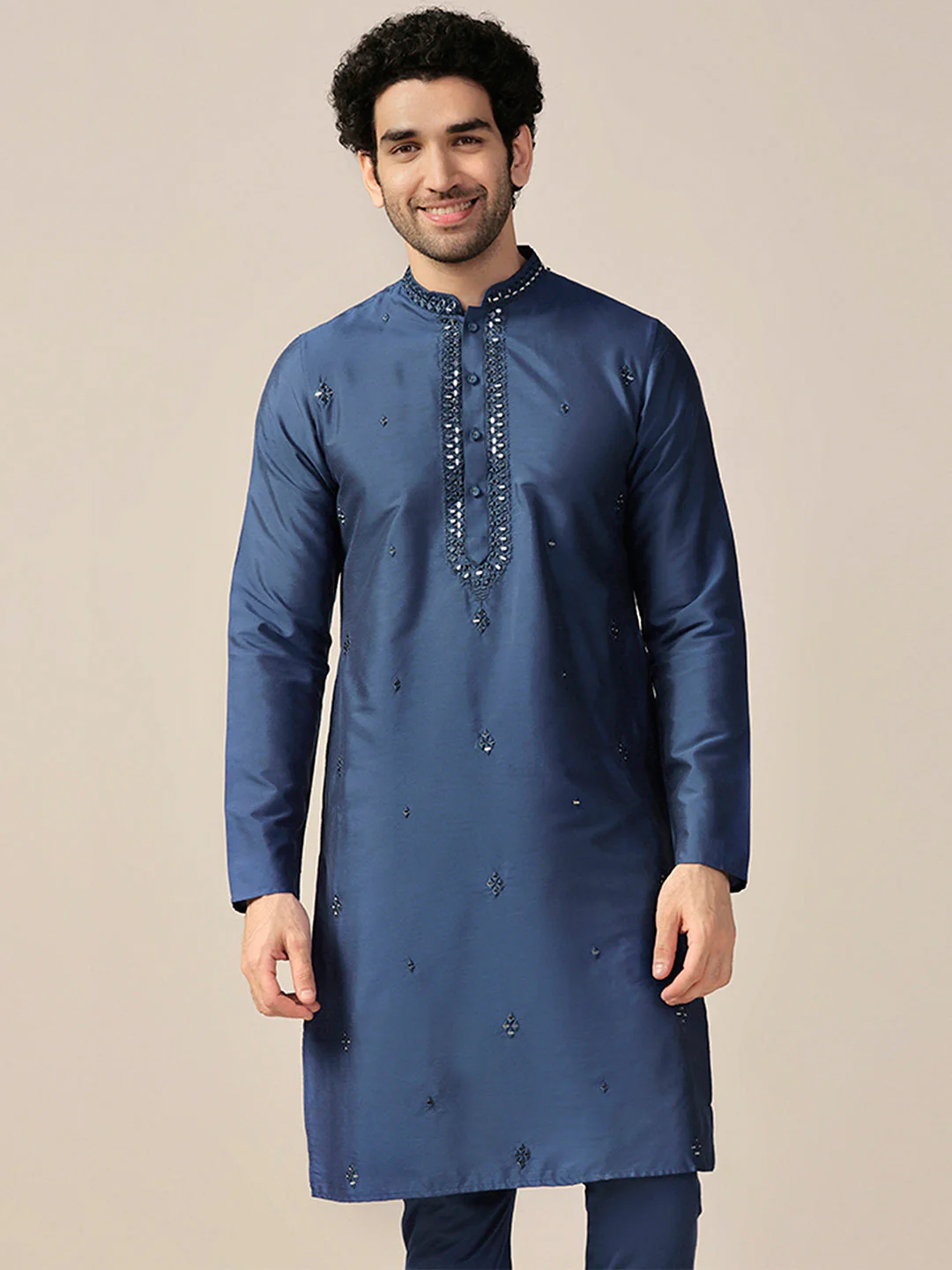 Blue Mirror Work Silk Blend Kurta - Image 8