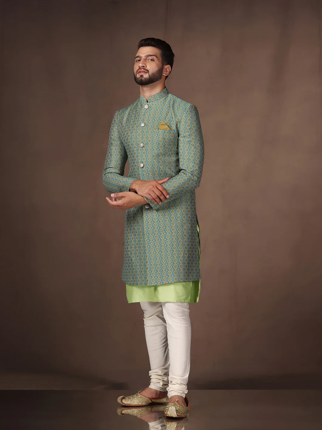 Men Blue Kurta Sherwani Churidar Set - Image 3
