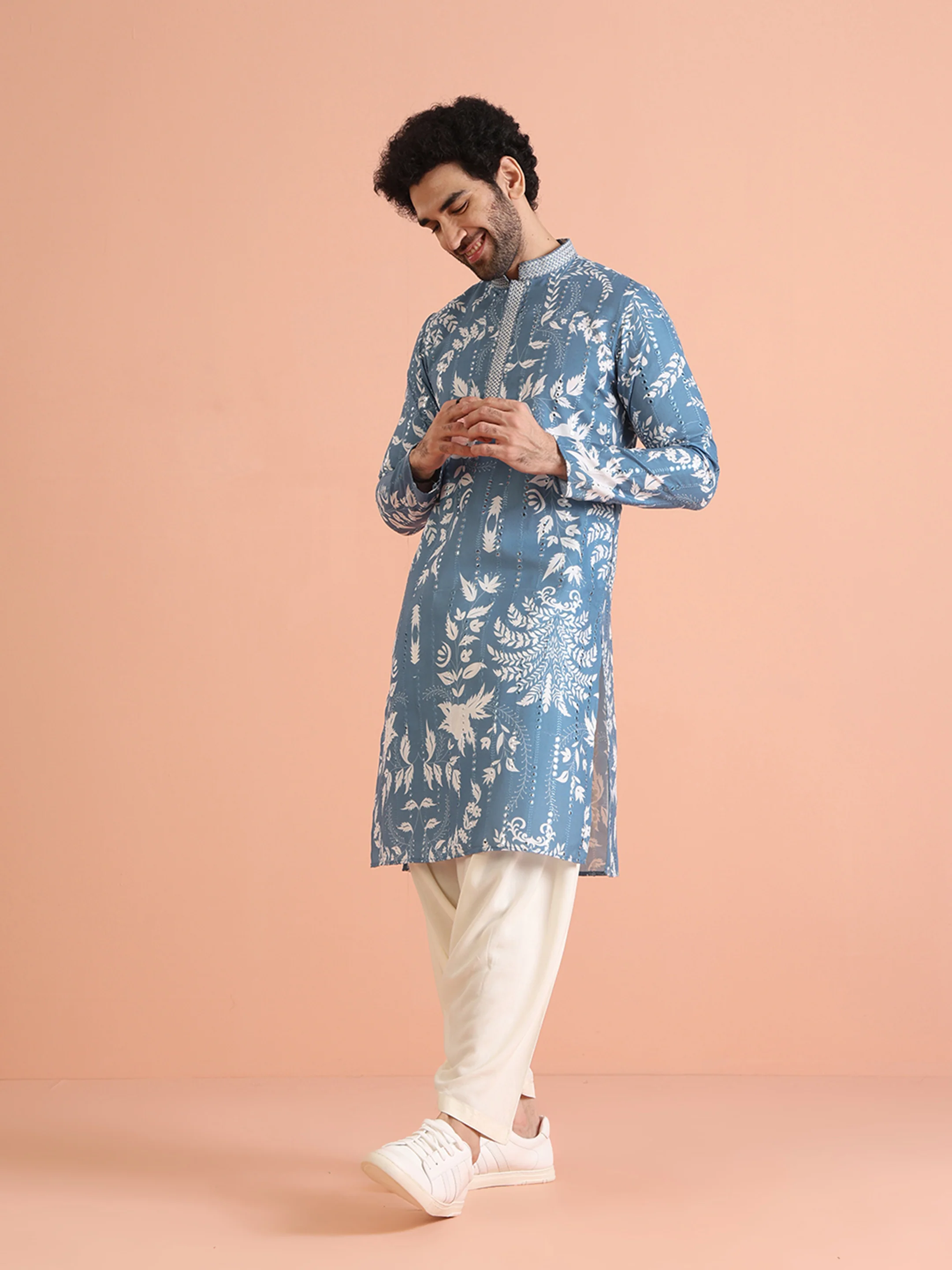 Blue Art Silk Mirror Work Printed Kurta - Image 3