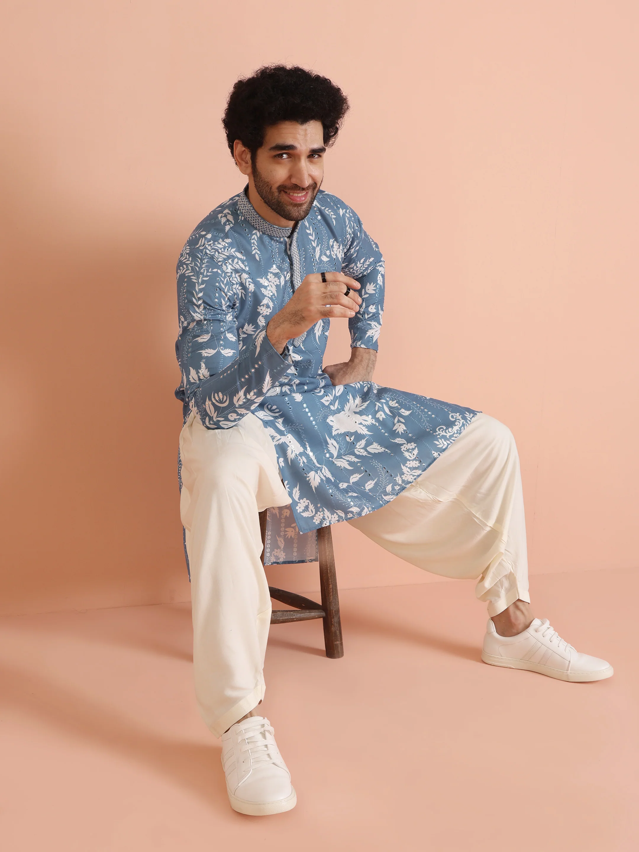 Blue Art Silk Mirror Work Printed Kurta - Image 7