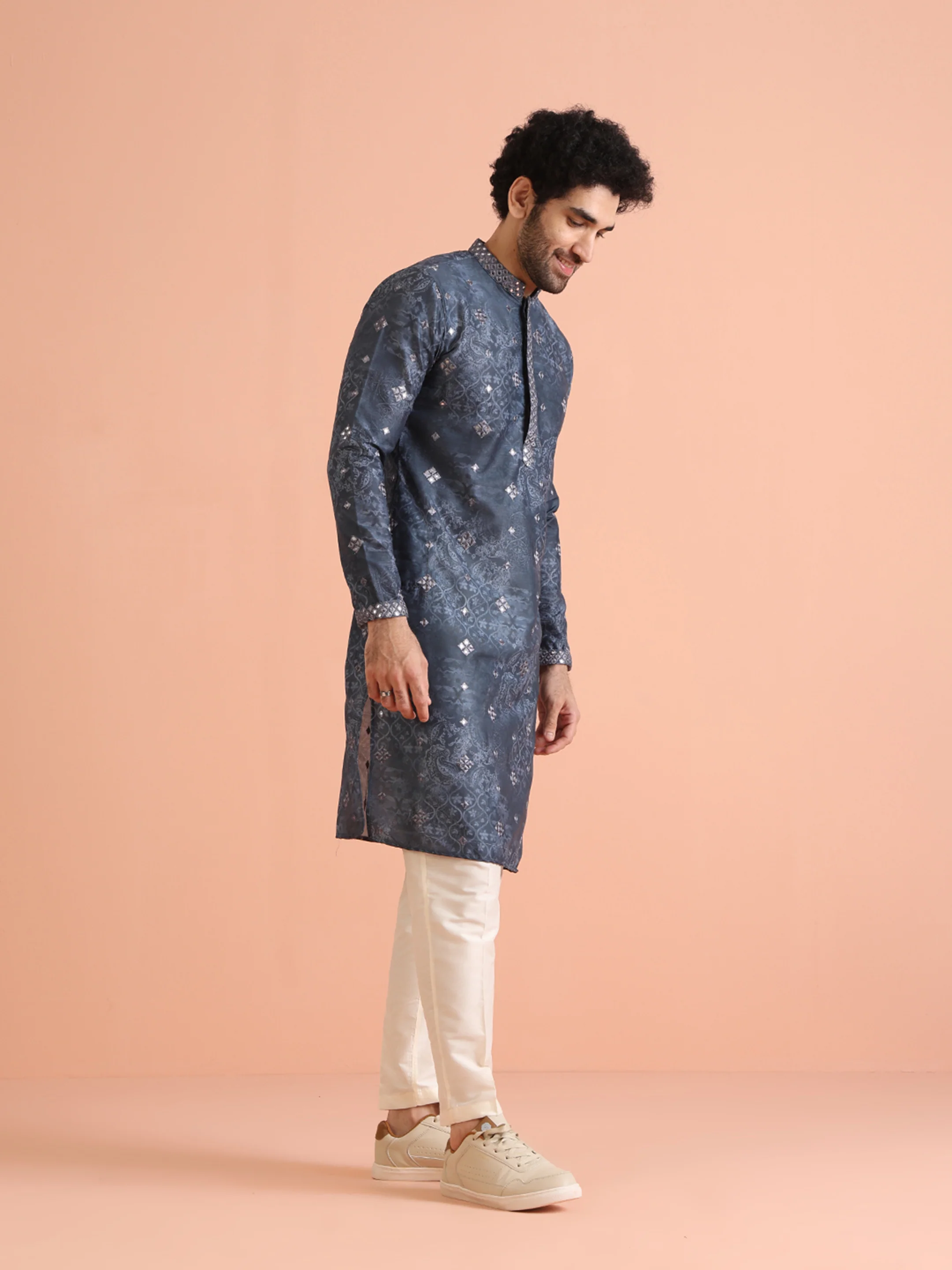 Grey Jacquard Woven Silk Blend Kurta - Image 3