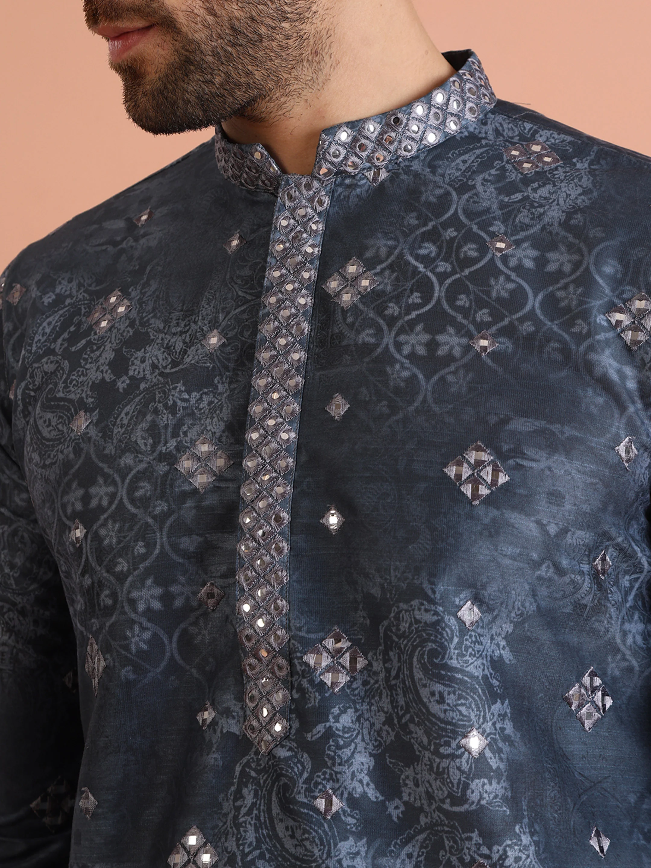 Grey Jacquard Woven Silk Blend Kurta - Image 5