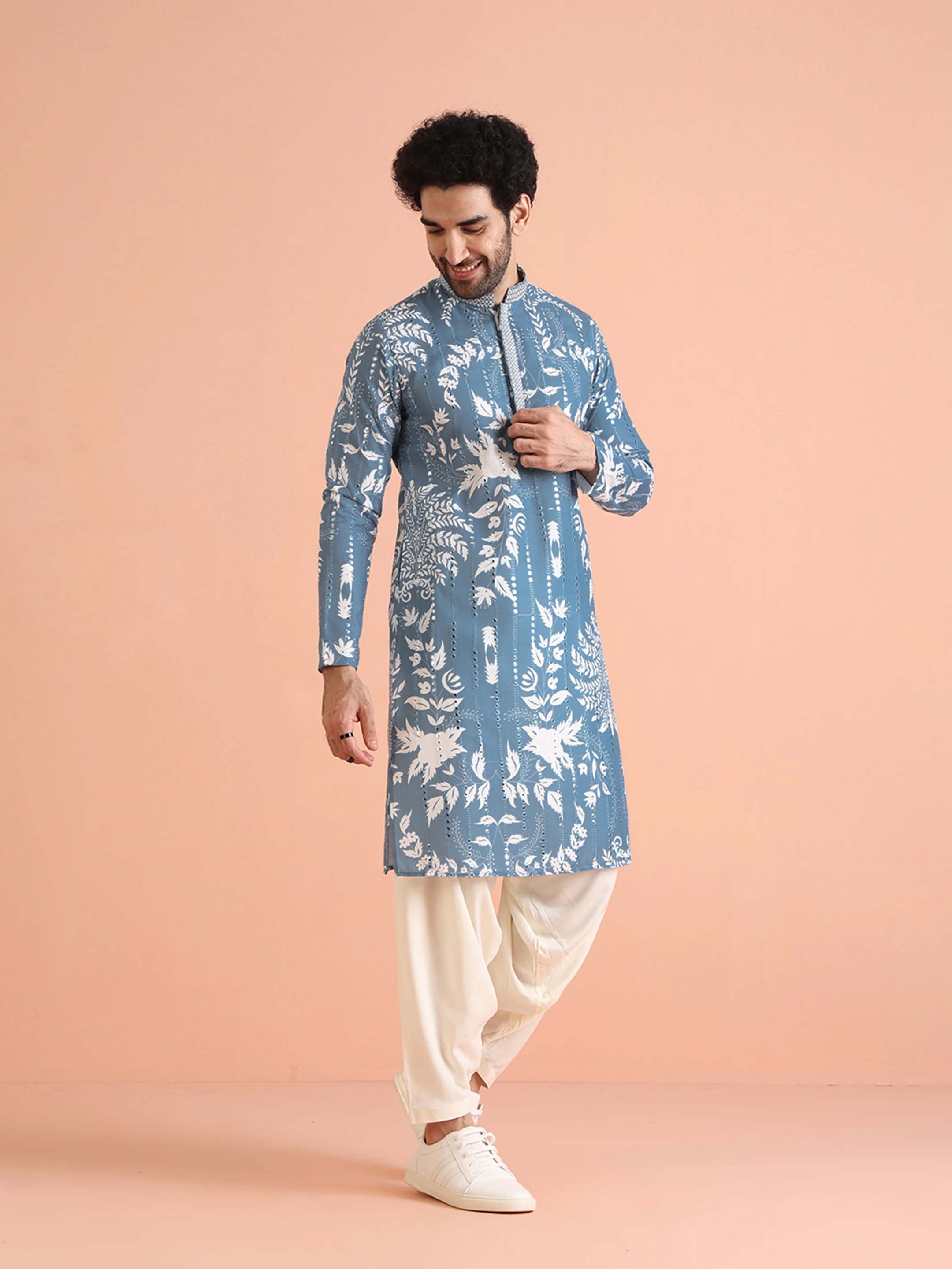 Blue Printed Cotton Blend Kurta Patiala Set - Image 3