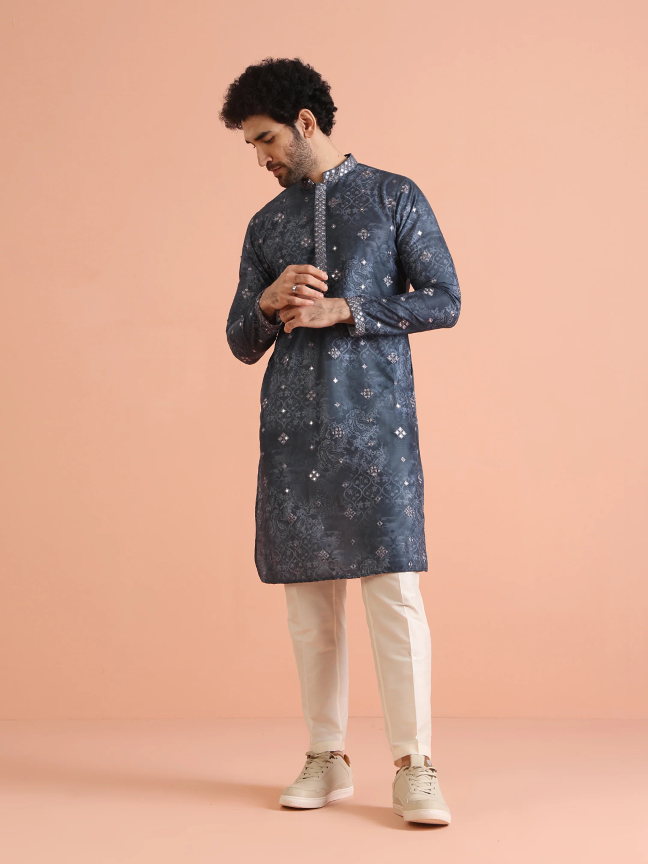 Grey Mirror Work Kurta Cream Trouser Set - Image 2