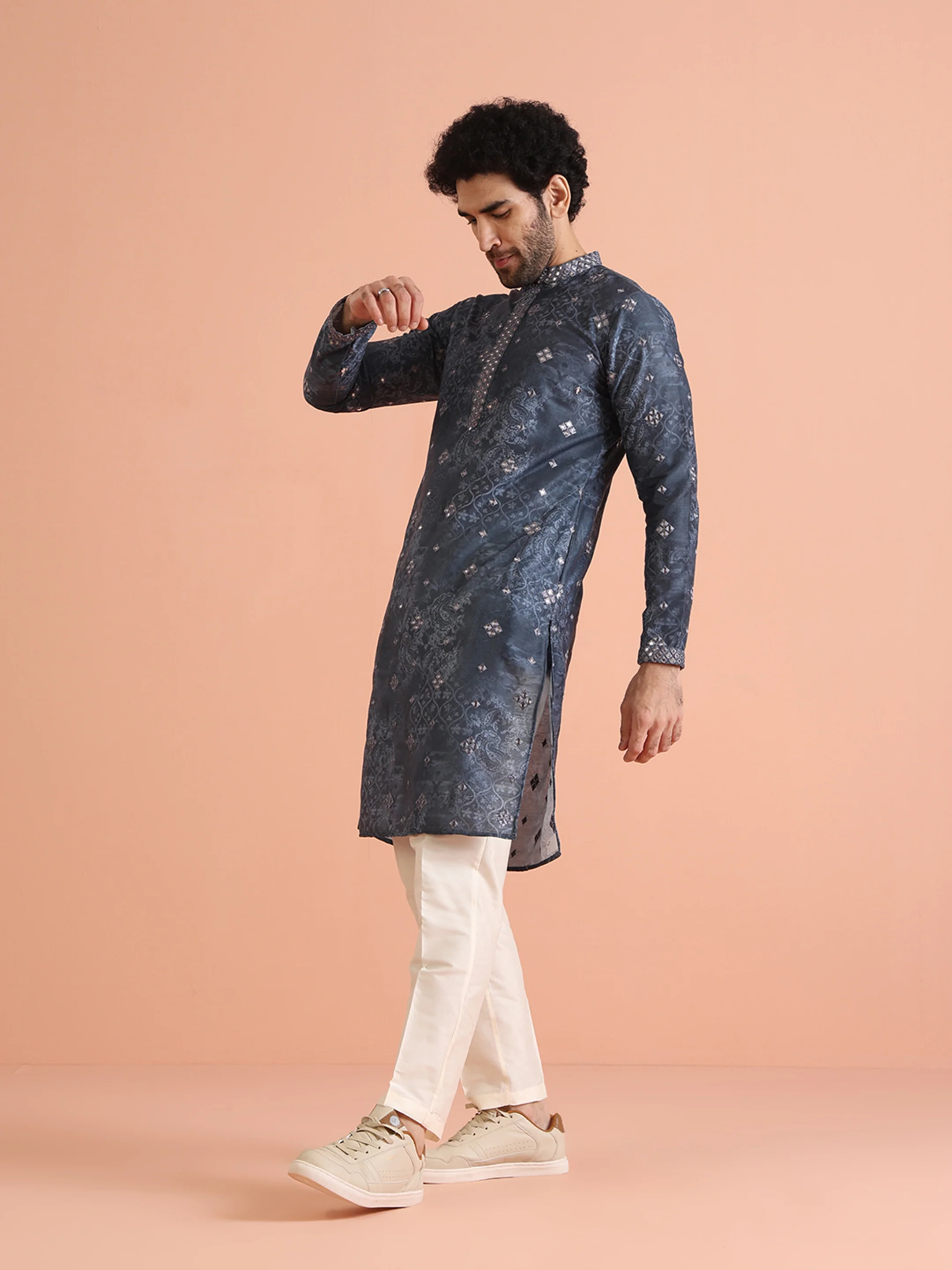 Grey Mirror Work Kurta Cream Trouser Set - Image 4