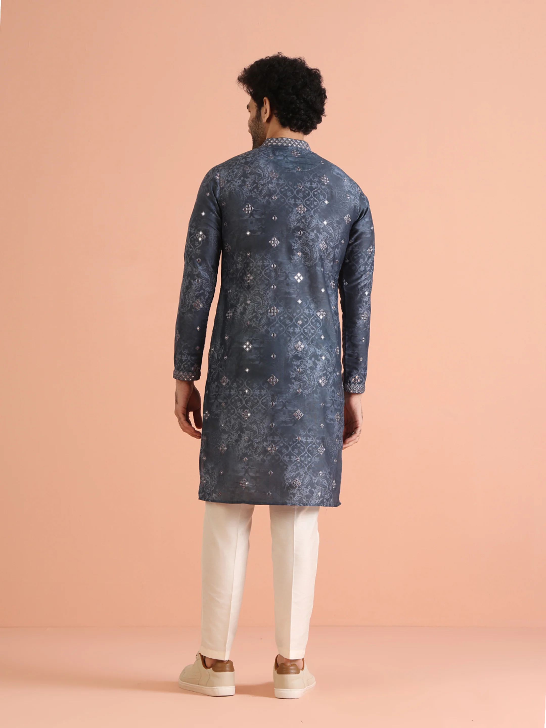 Grey Mirror Work Kurta Cream Trouser Set - Image 5