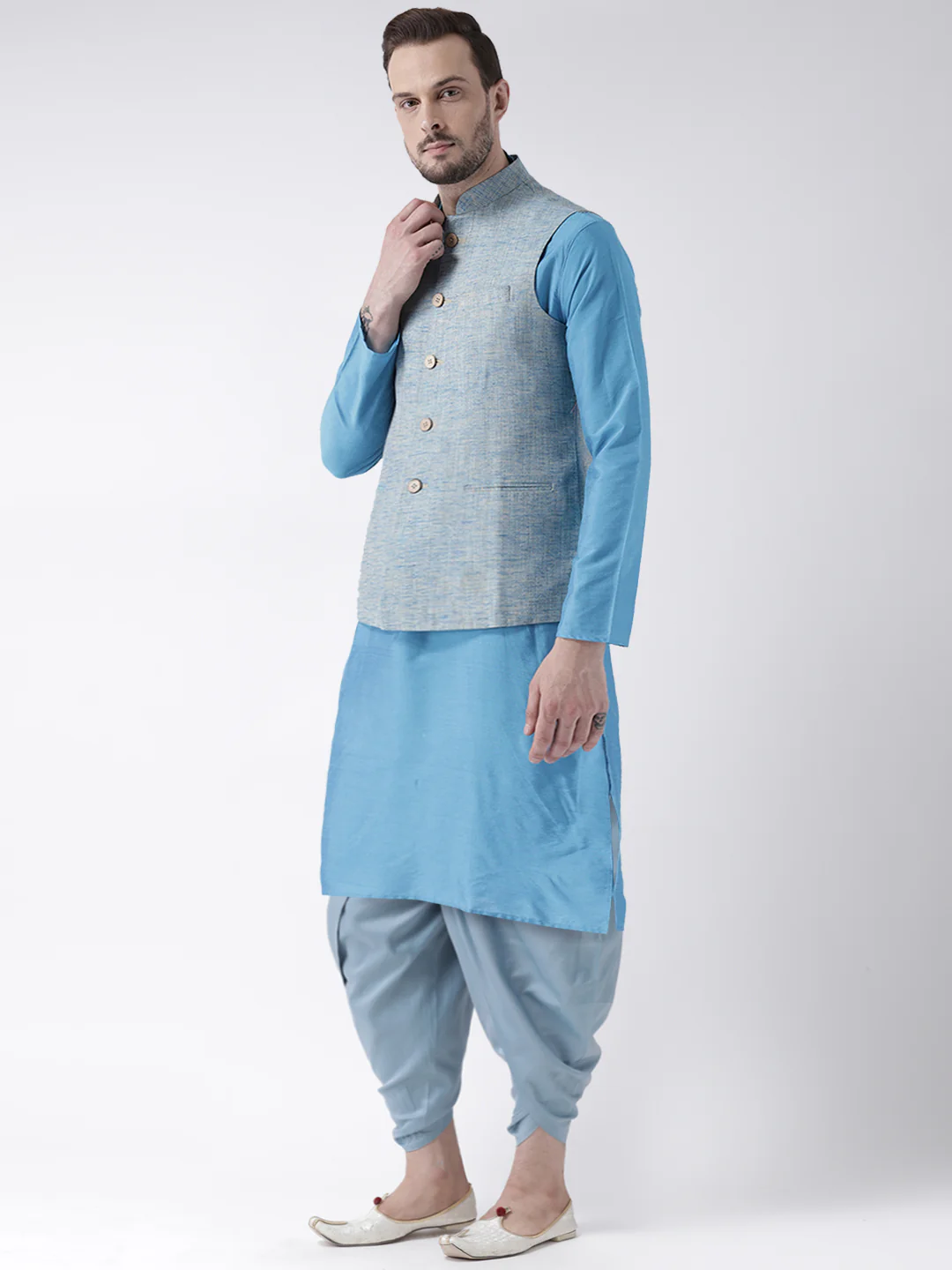 Men Blue Solid Nehru Jacket - Image 3