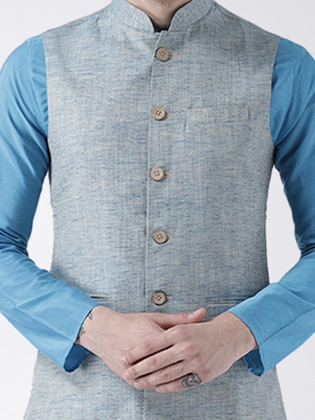 Men Blue Solid Nehru Jacket - Image 5