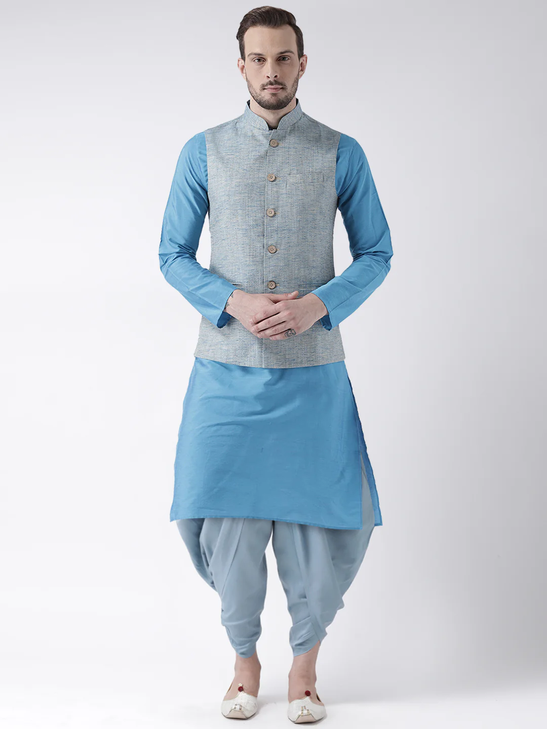 Men Blue Solid Nehru Jacket - Image 6