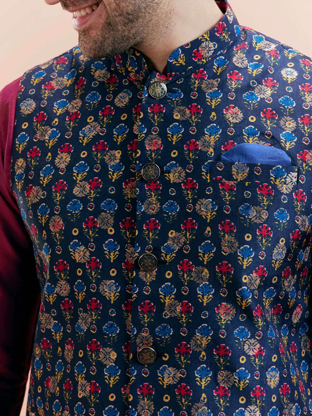 Navy Blue Cotton Silk Floral Nehru Jacket - Image 2
