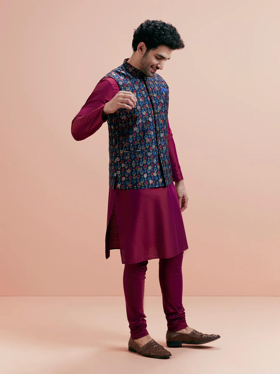 Navy Blue Cotton Silk Floral Nehru Jacket - Image 4